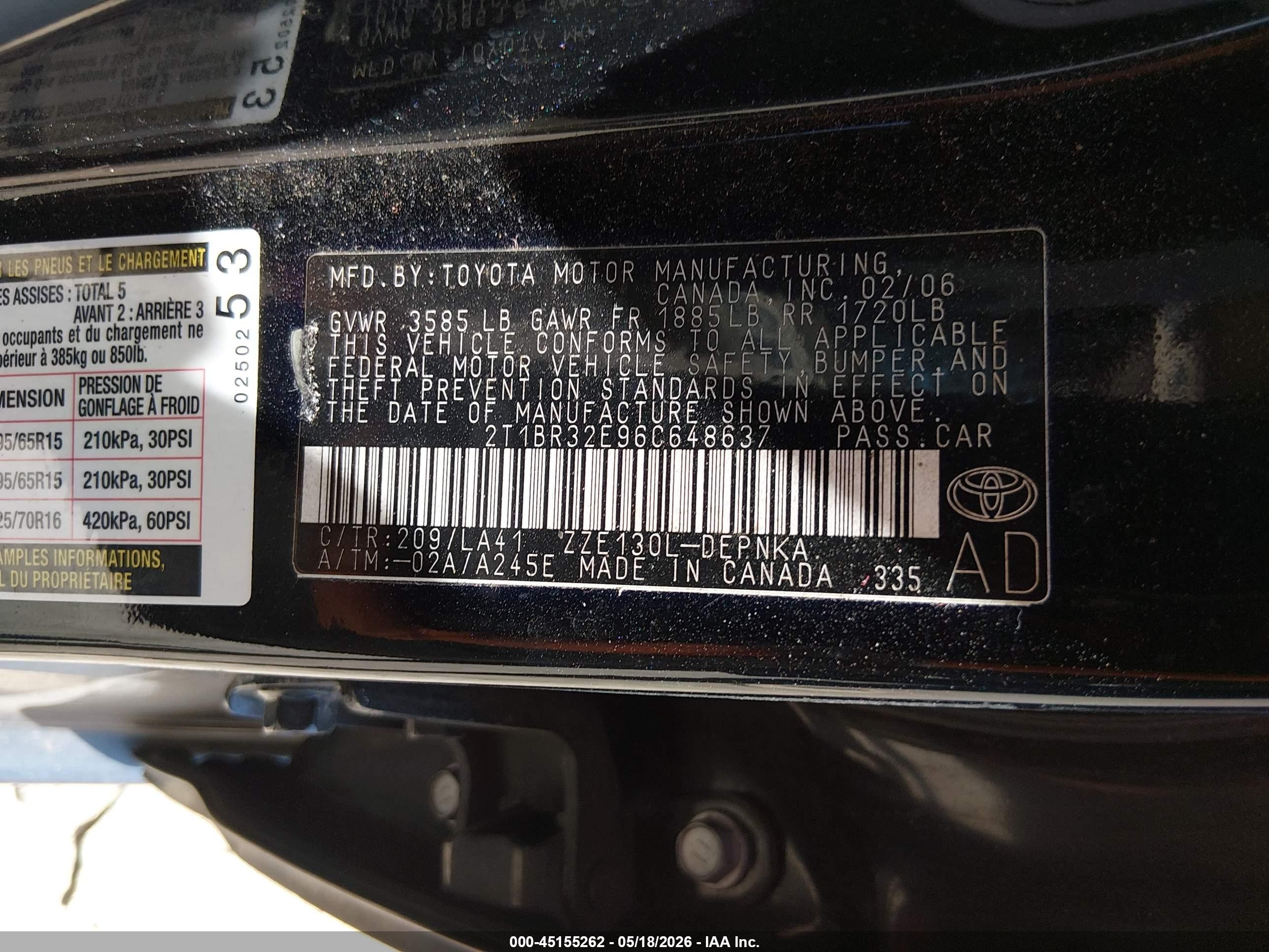 2006 Toyota Corolla Le Green vin: 2T1BR32E96C648637