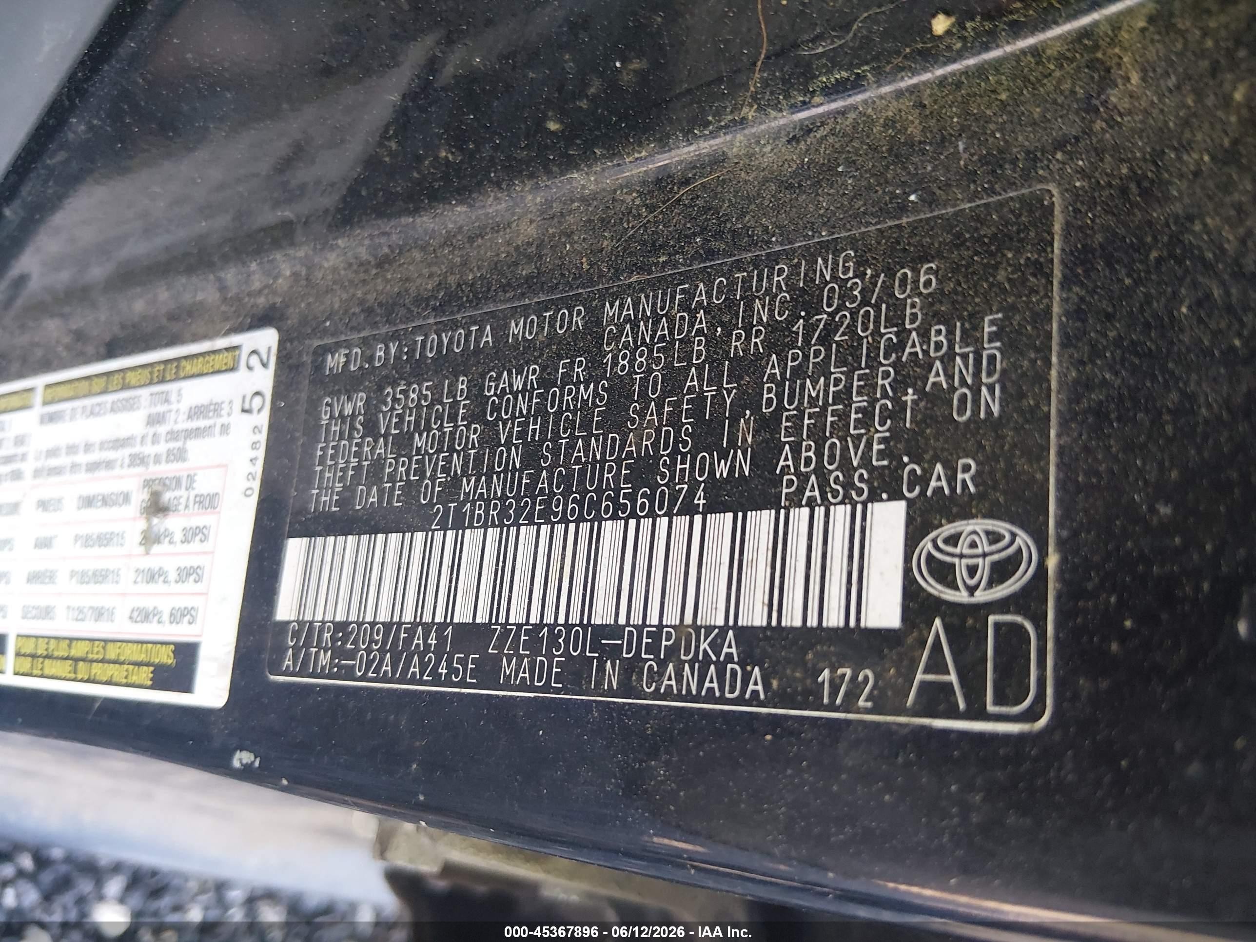 2006 Toyota Corolla Ce Black vin: 2T1BR32E96C656074