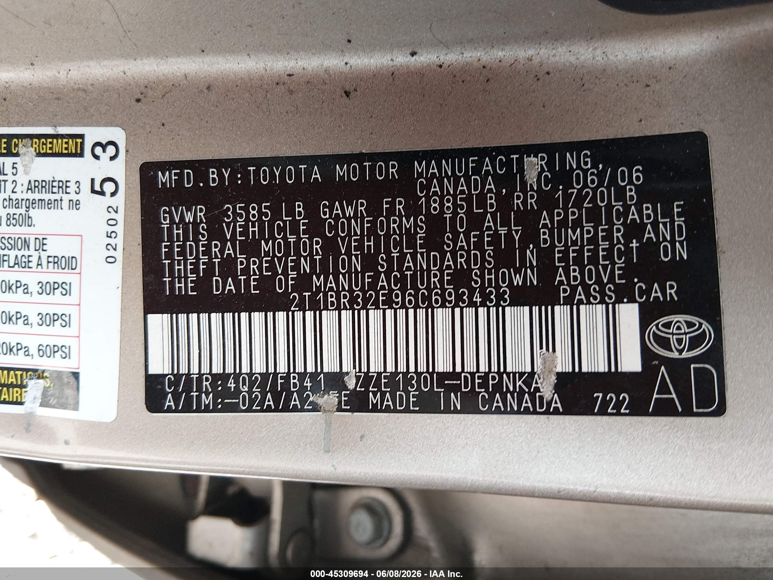 2006 Toyota Corolla Le Beige vin: 2T1BR32E96C693433