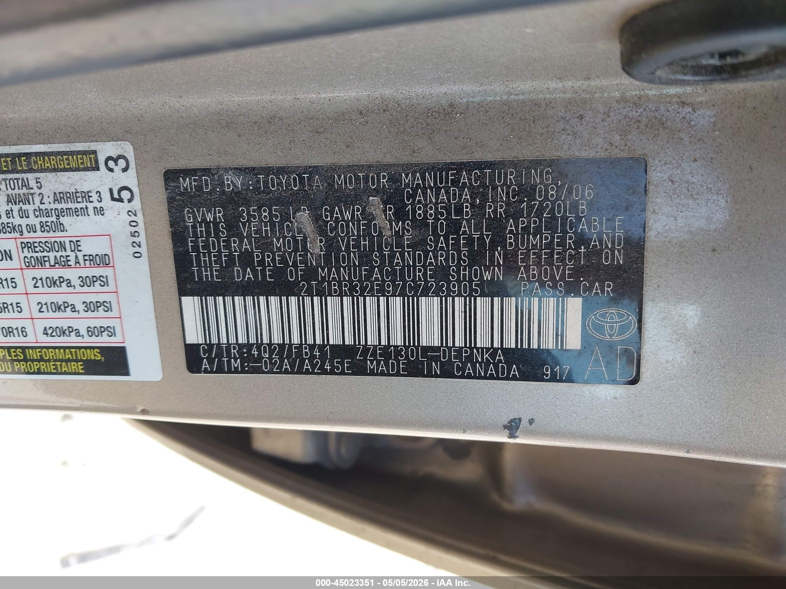 2007 Toyota Corolla Le Gold vin: 2T1BR32E97C723905