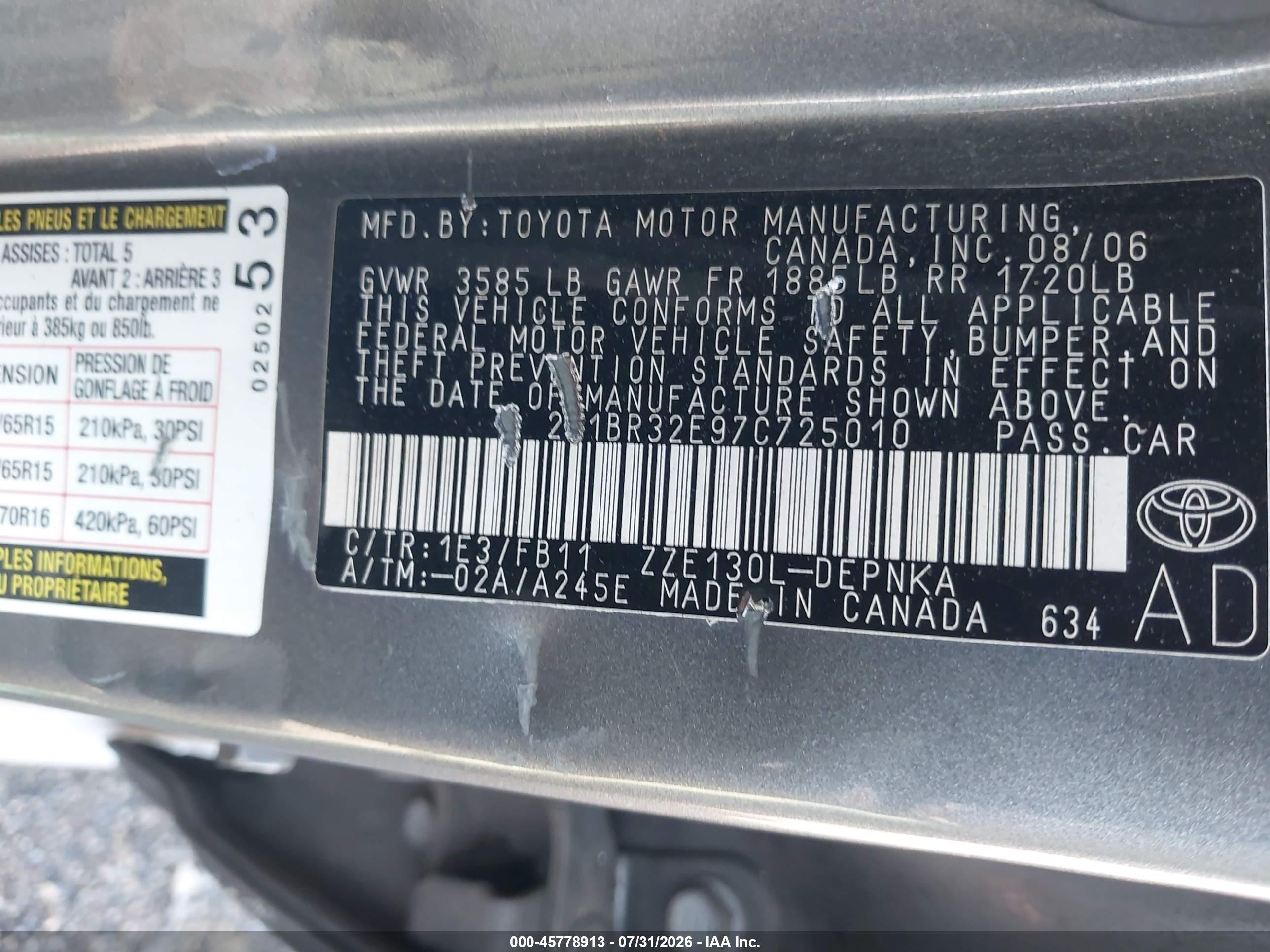 2007 Toyota Corolla Le Gray vin: 2T1BR32E97C725010