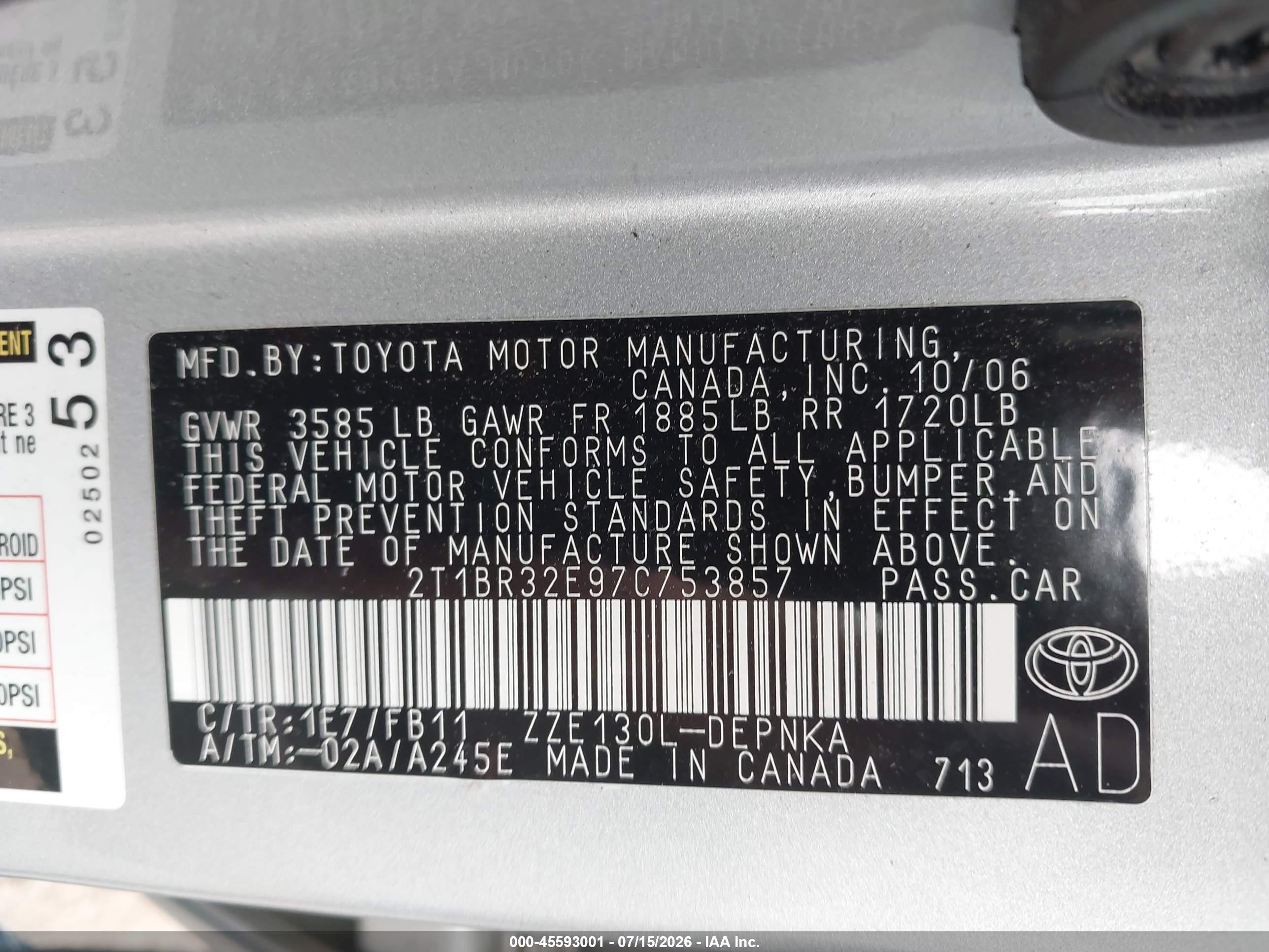 2007 Toyota Corolla Le Silver vin: 2T1BR32E97C753857