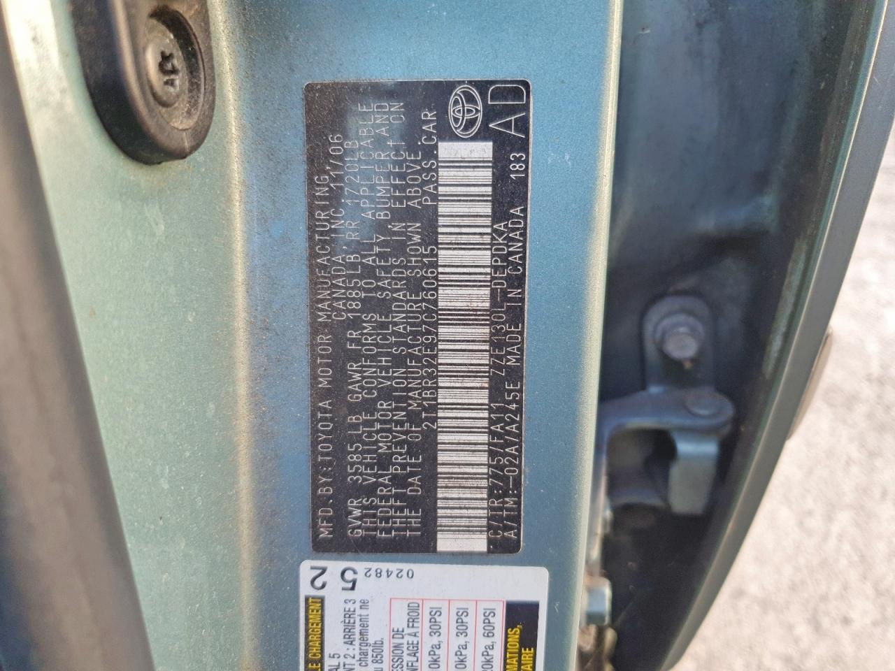 2007 Toyota Corolla Ce Teal vin: 2T1BR32E97C760615