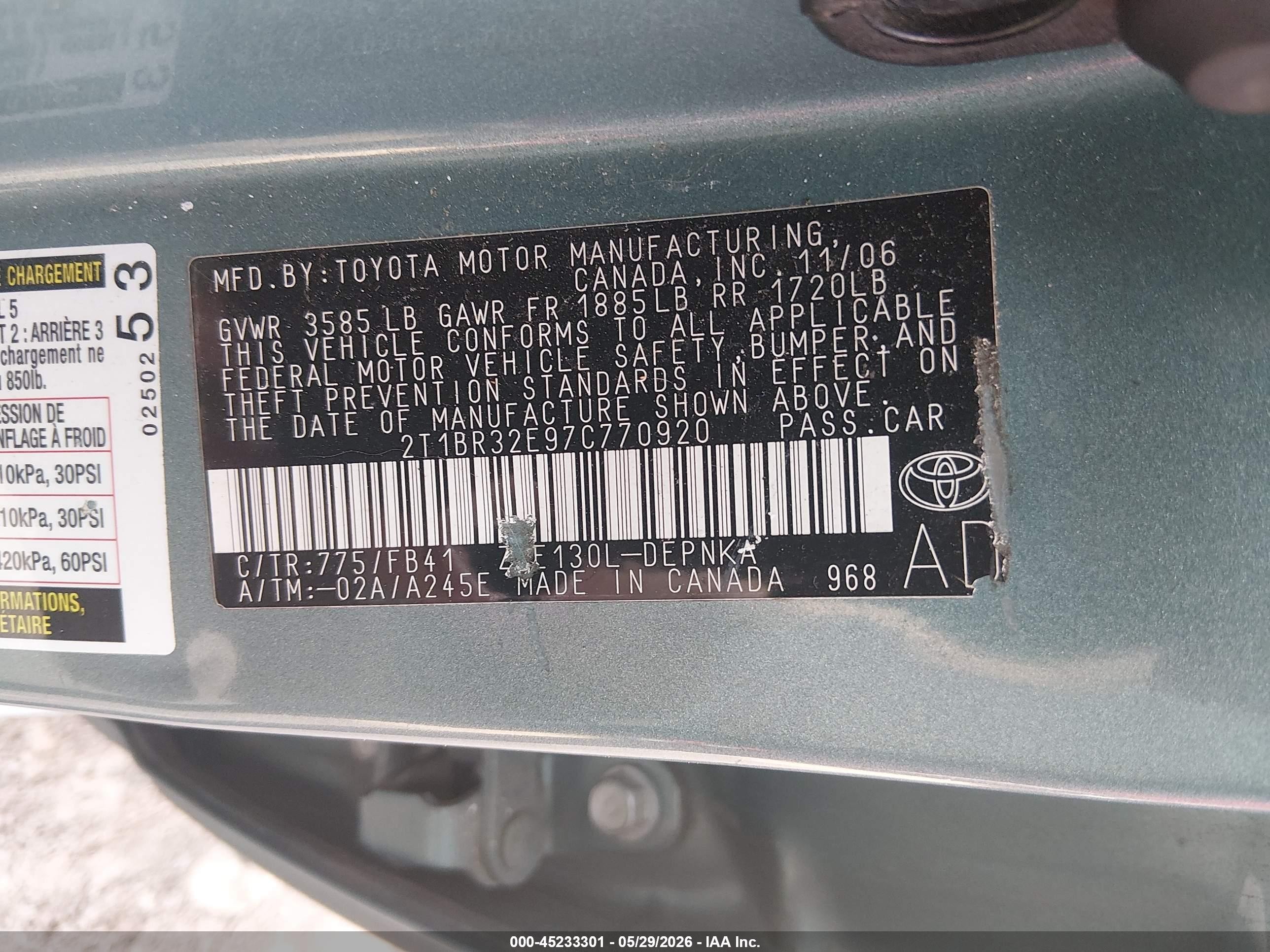 2007 Toyota Corolla Le Light Blue vin: 2T1BR32E97C770920