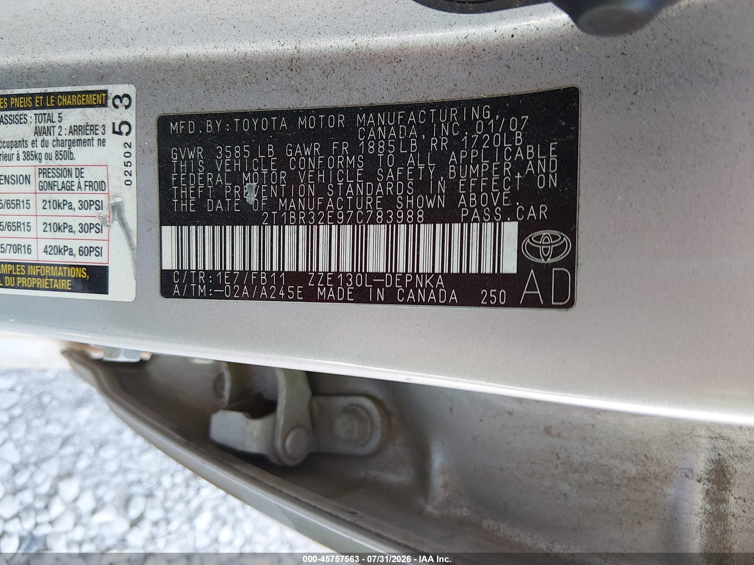 2007 Toyota Corolla Le Серебряный vin: 2T1BR32E97C783988
