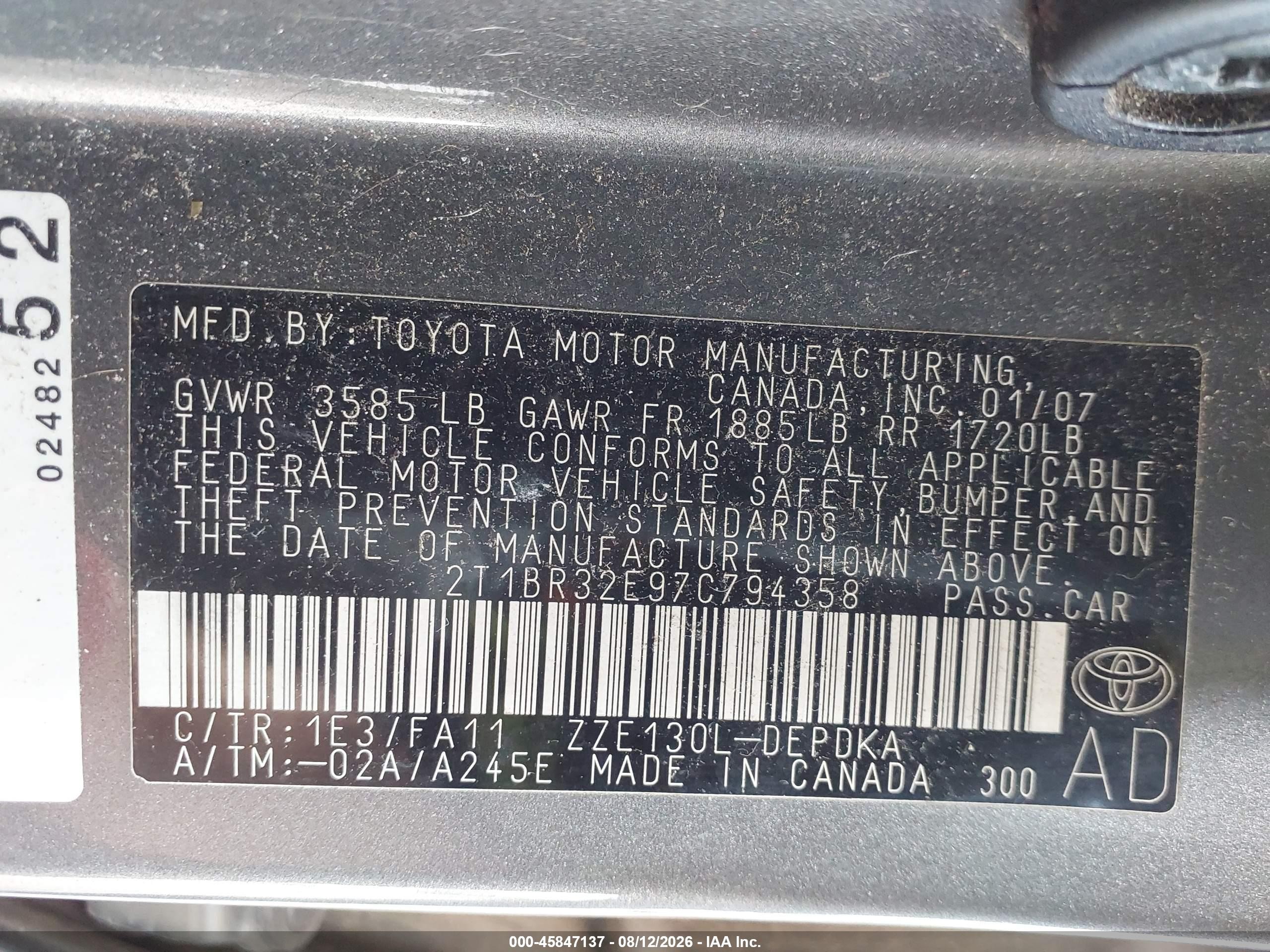 2007 Toyota Corolla Ce Gray vin: 2T1BR32E97C794358