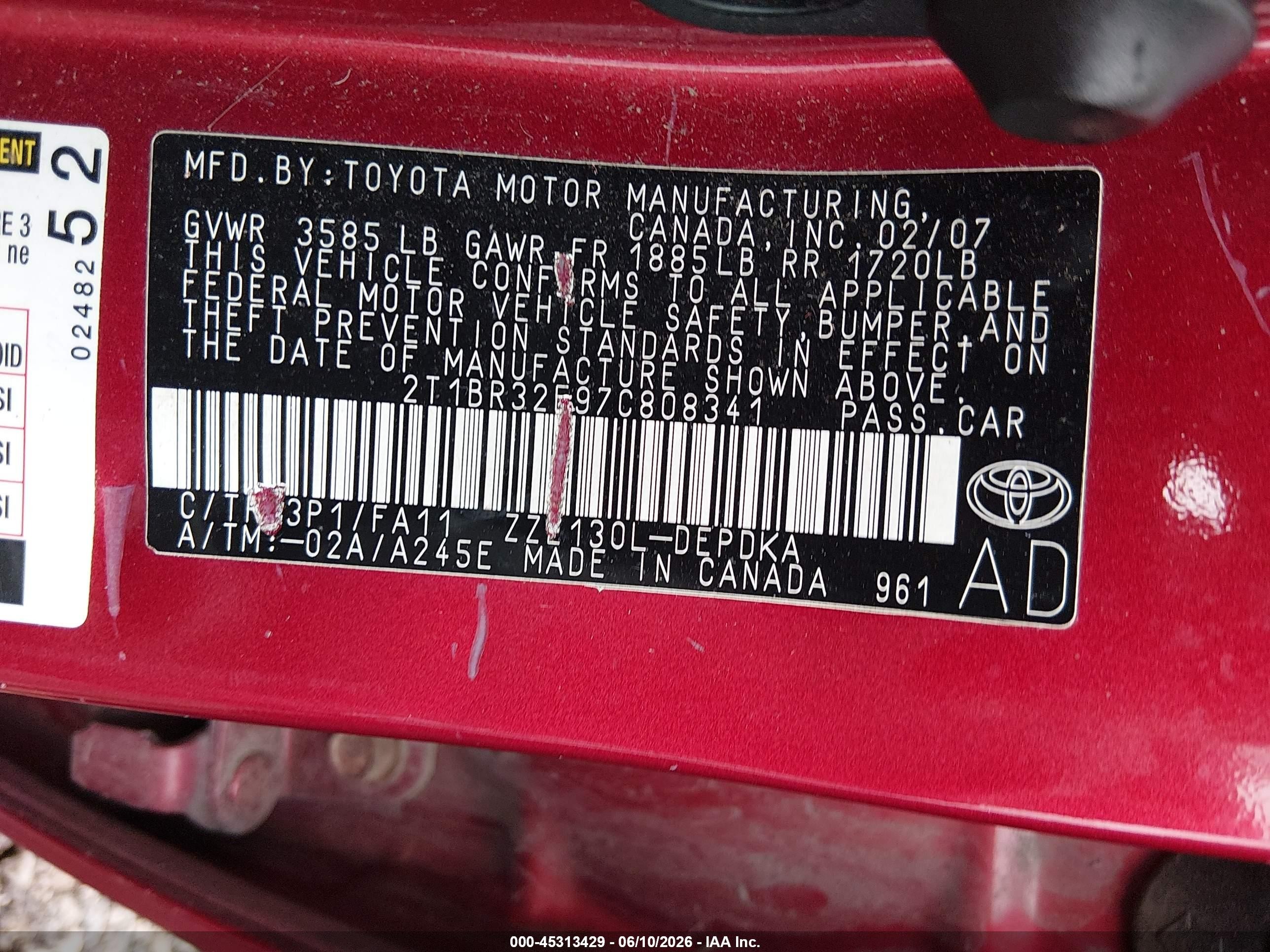 2007 Toyota Corolla Ce Red vin: 2T1BR32E97C808341