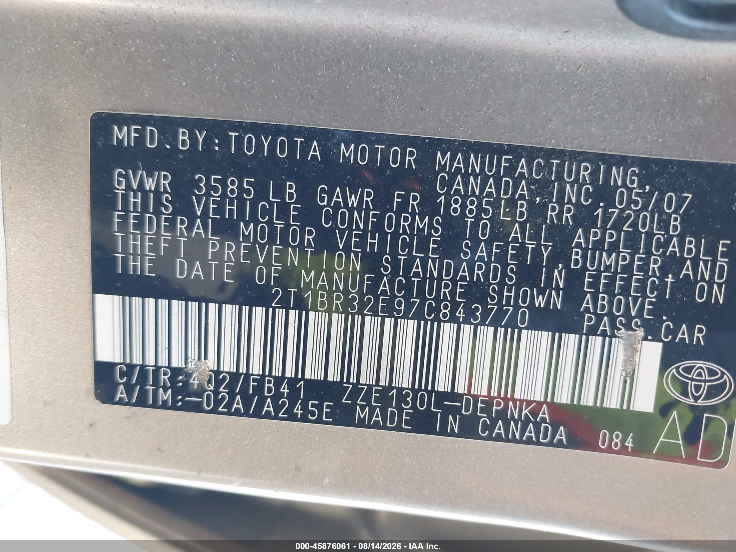 2007 Toyota Corolla Le Tan vin: 2T1BR32E97C843770