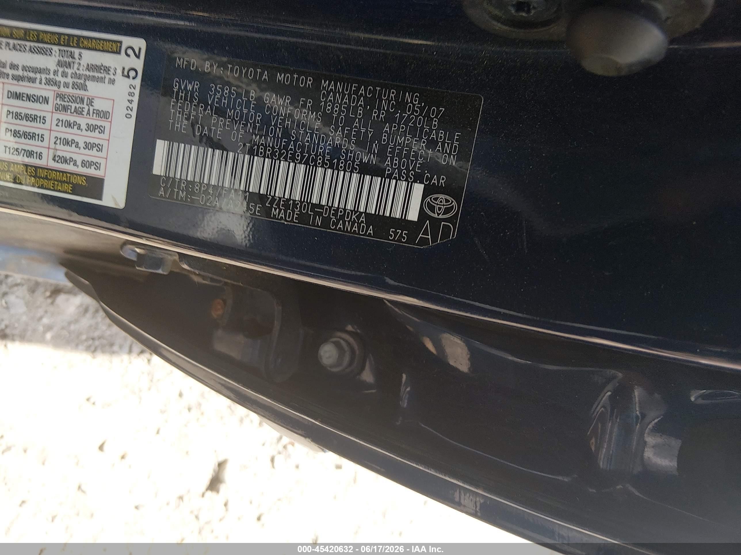 2007 Toyota Corolla Ce Blue vin: 2T1BR32E97C851805