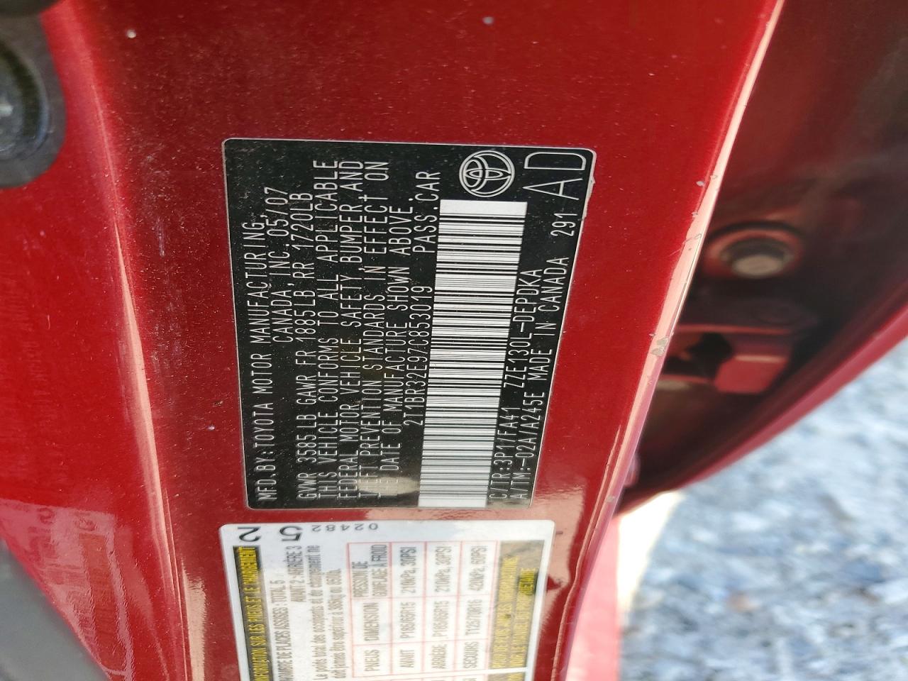 2007 Toyota Corolla Ce Red vin: 2T1BR32E97C853019