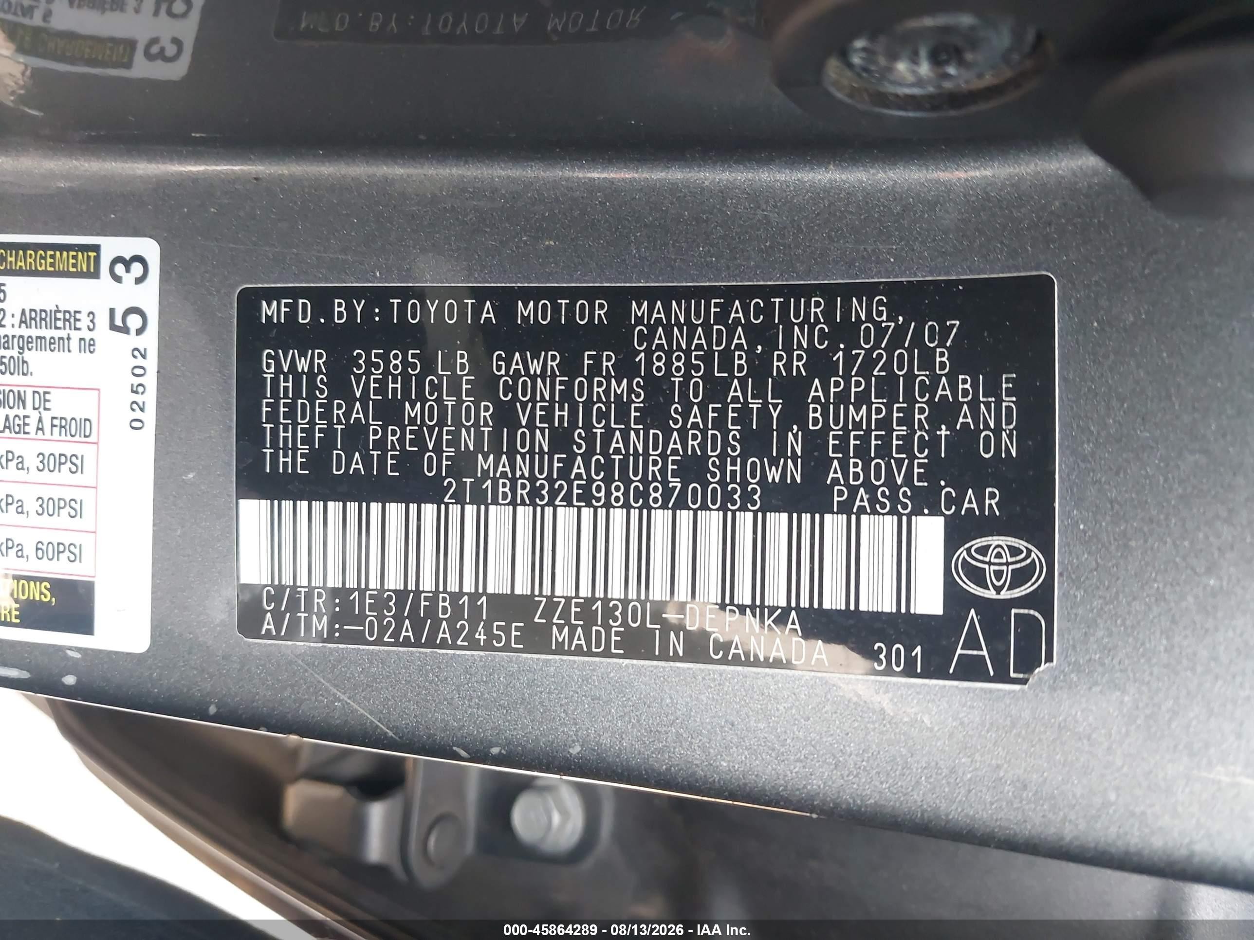 2008 Toyota Corolla Le Серый vin: 2T1BR32E98C870033
