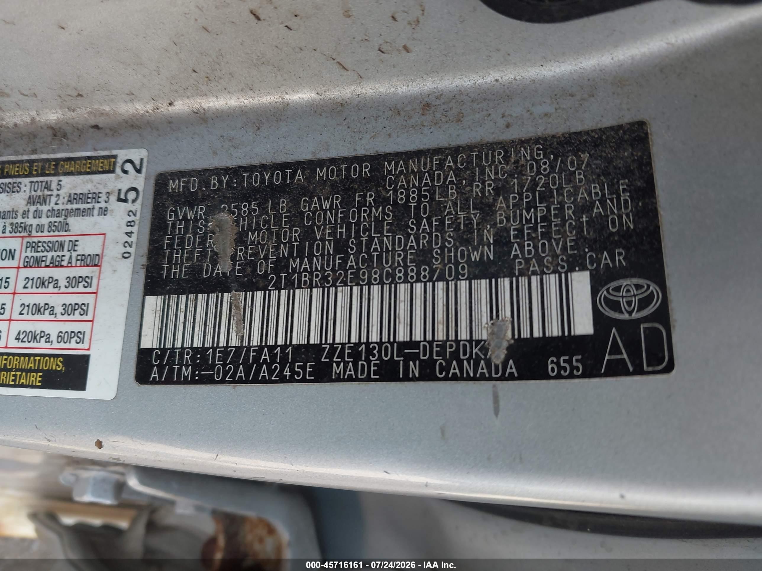 2008 Toyota Corolla Ce Silver vin: 2T1BR32E98C888709