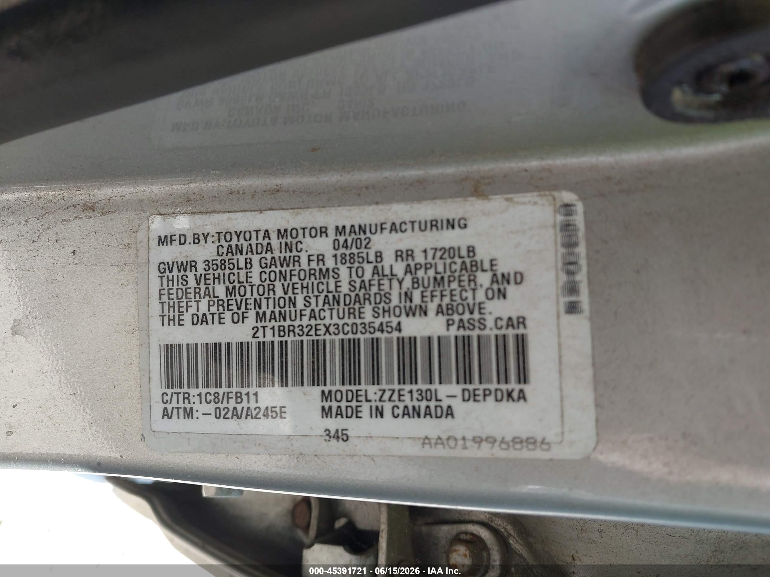 2003 Toyota Corolla Ce Silver vin: 2T1BR32EX3C035454