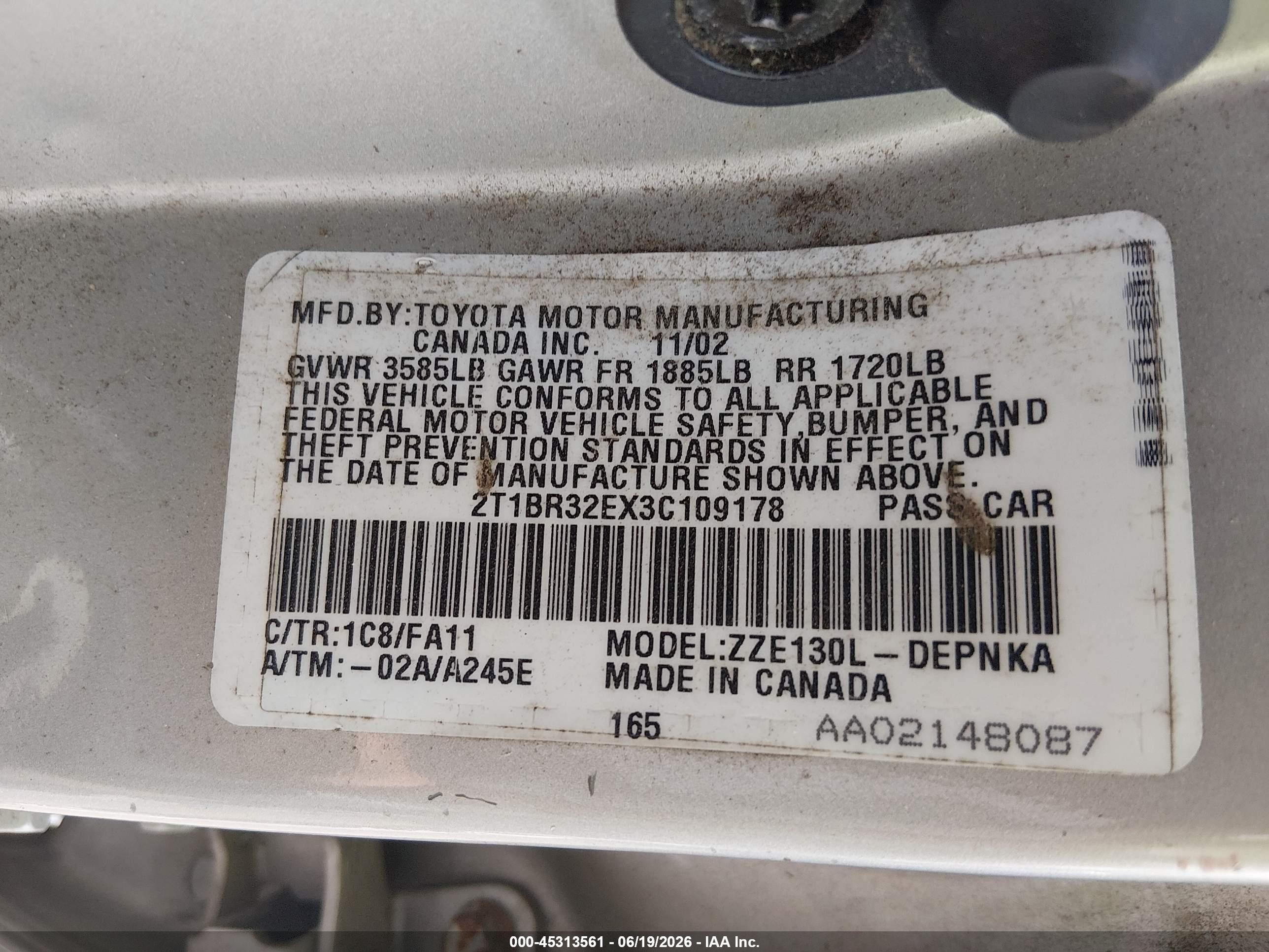 2003 Toyota Corolla Le Silver vin: 2T1BR32EX3C109178