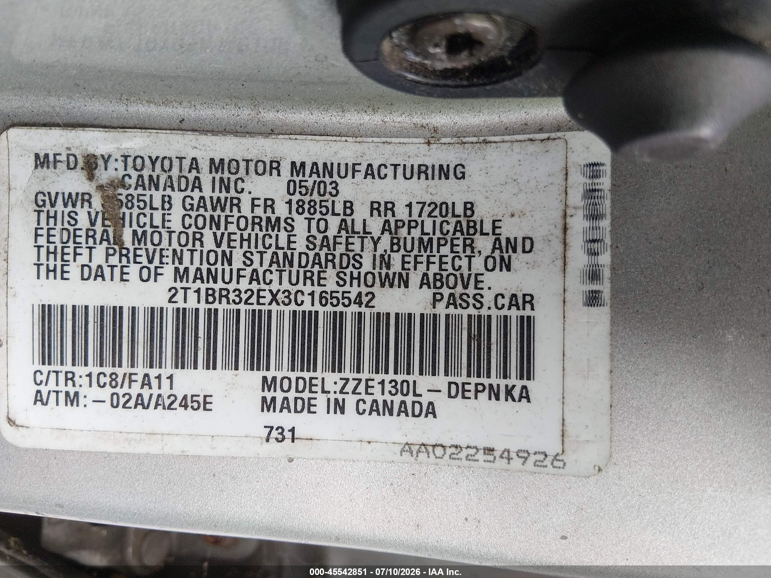 2003 Toyota Corolla Le Серебряный vin: 2T1BR32EX3C165542