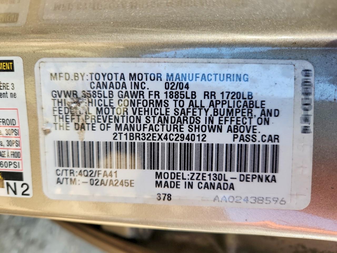 2004 Toyota Corolla Le Beige vin: 2T1BR32EX4C294012