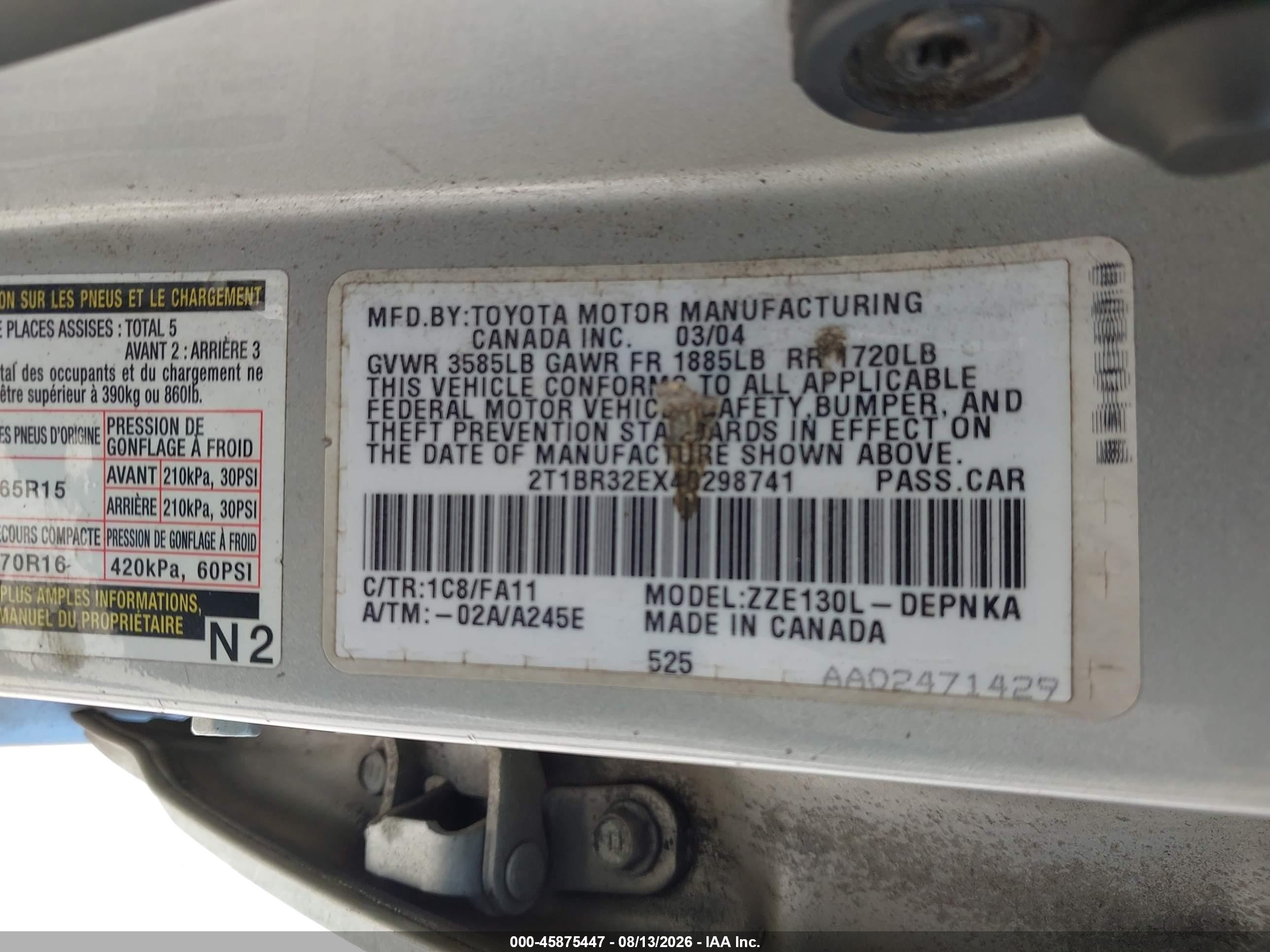2004 Toyota Corolla Le Silver vin: 2T1BR32EX4C298741