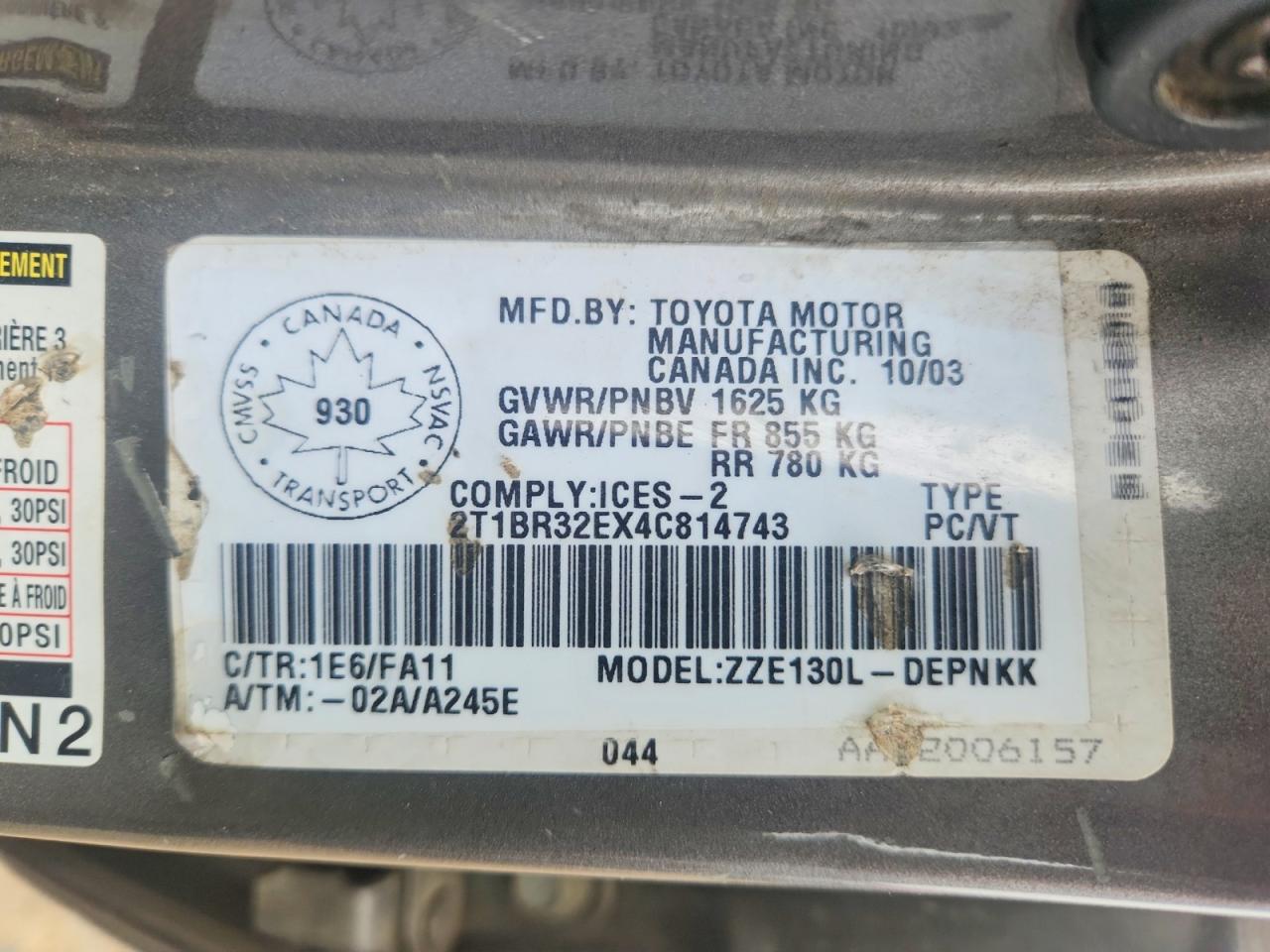 2004 Toyota Corolla Ce Gray vin: 2T1BR32EX4C814743