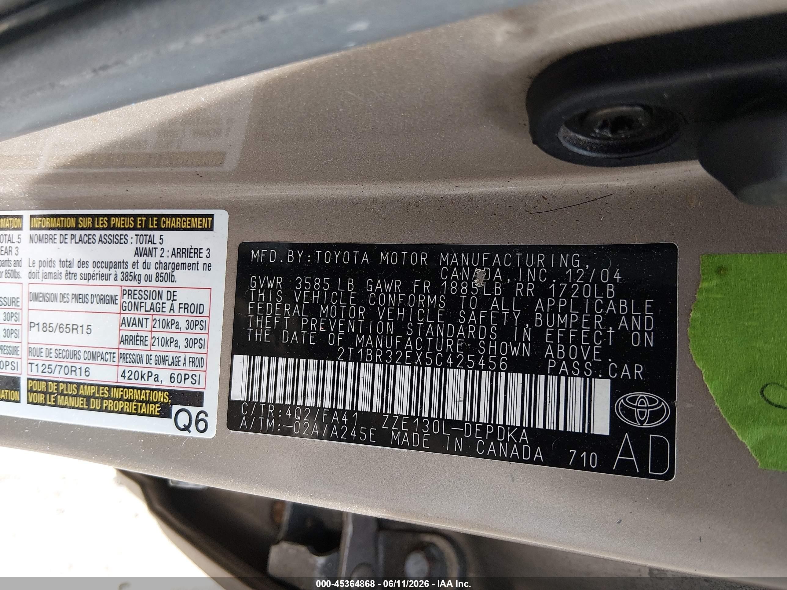 2005 Toyota Corolla Ce Gold vin: 2T1BR32EX5C425456