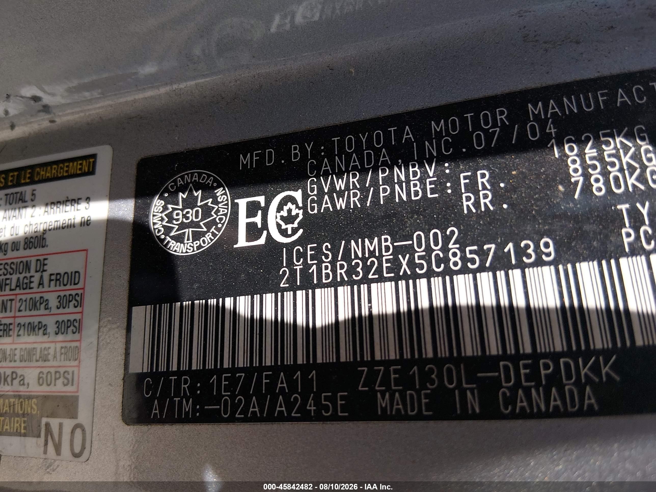 2005 Toyota Corolla Ce/le/s Silver vin: 2T1BR32EX5C857139