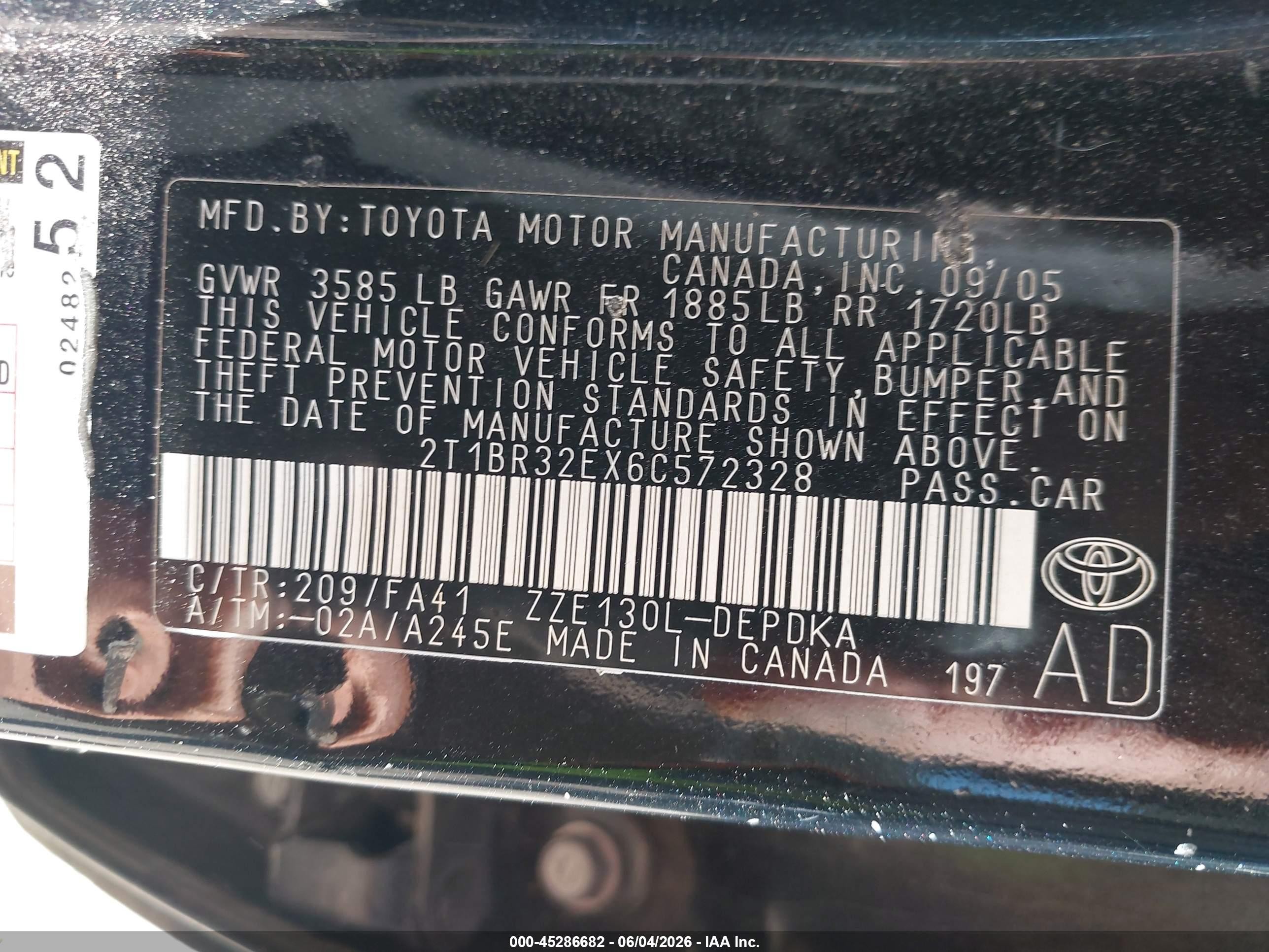 2006 Toyota Corolla Ce Black vin: 2T1BR32EX6C572328