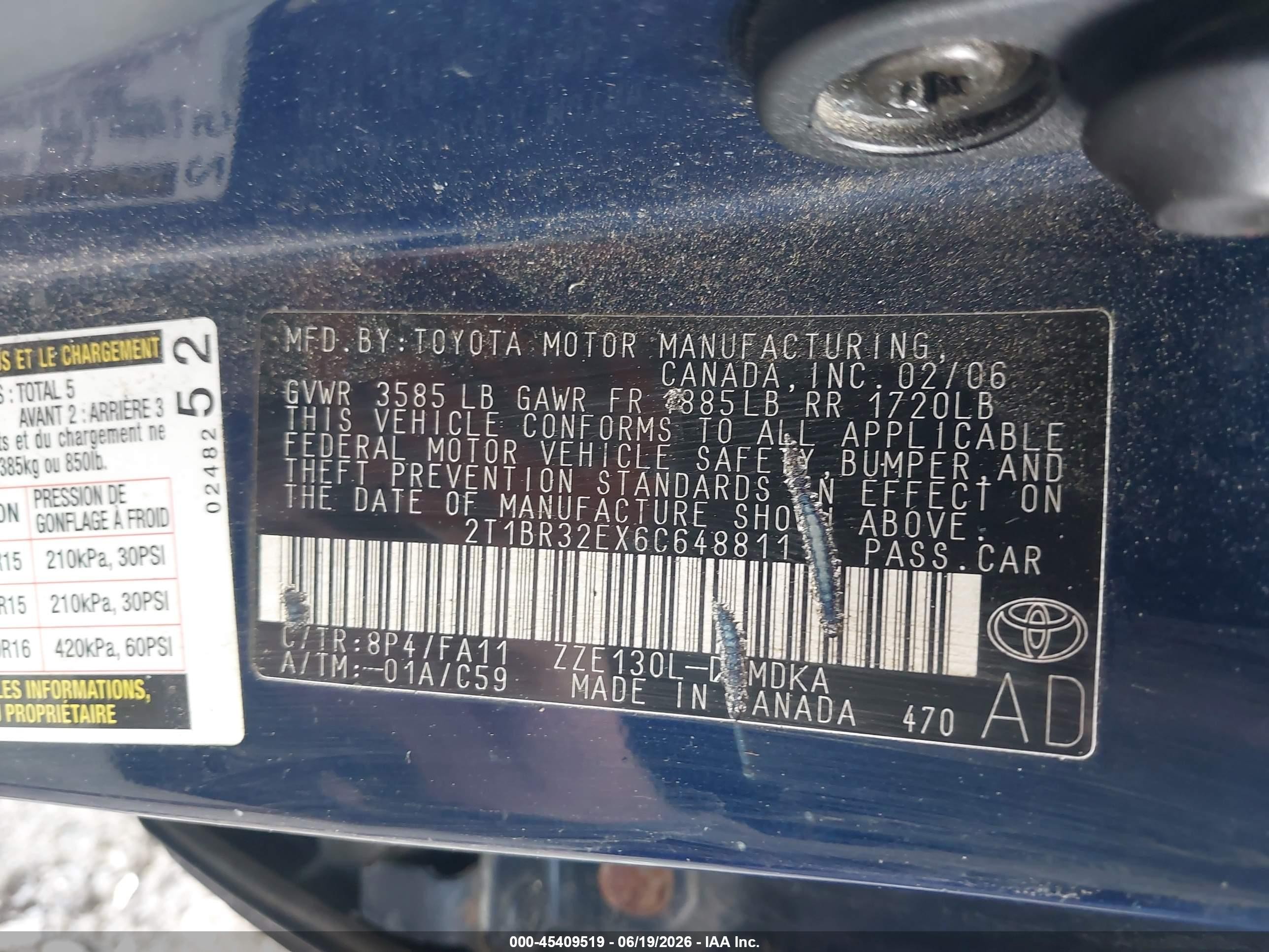2006 Toyota Corolla Ce Blue vin: 2T1BR32EX6C648811