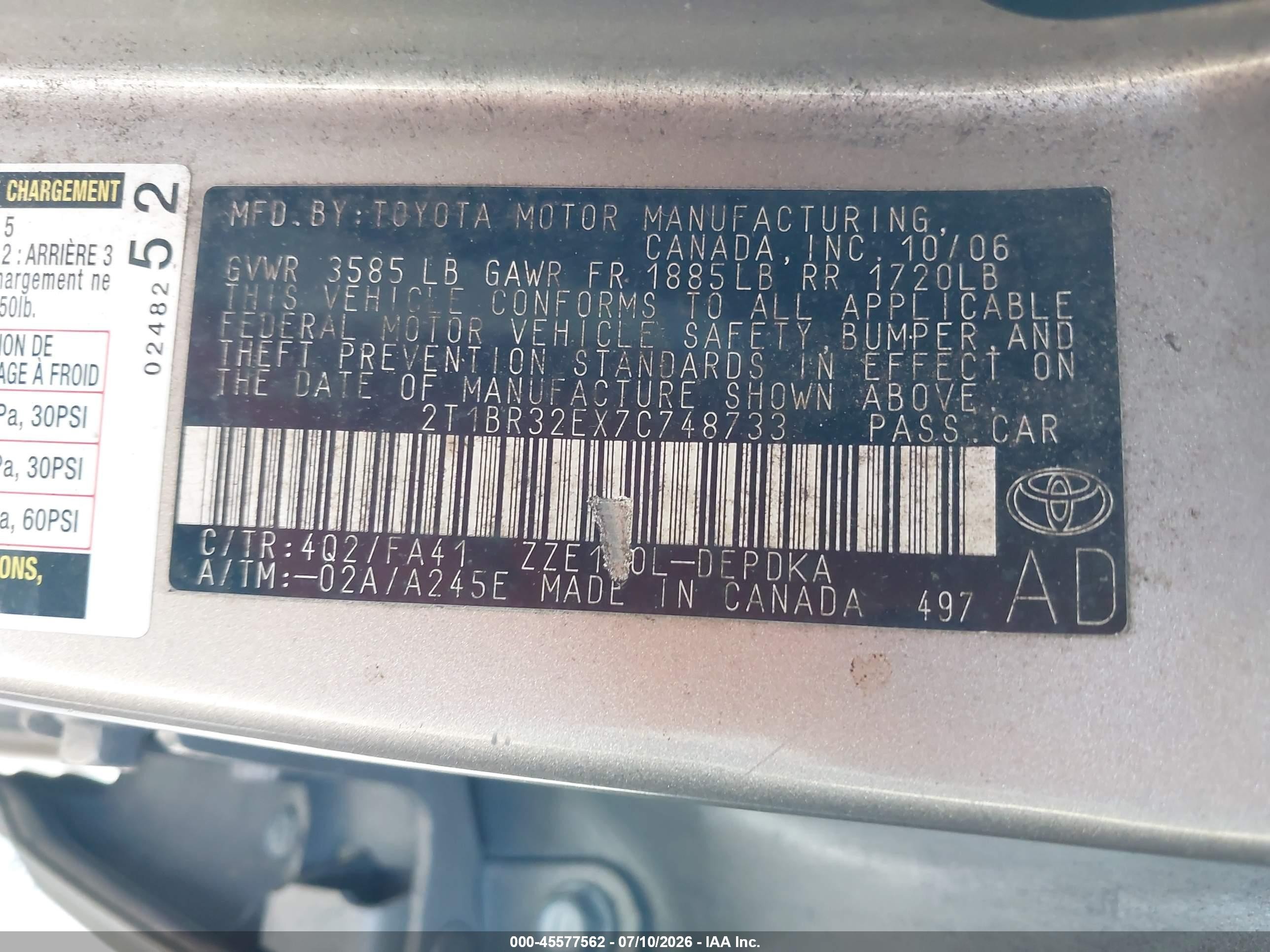 2007 Toyota Corolla Ce Gold vin: 2T1BR32EX7C748733