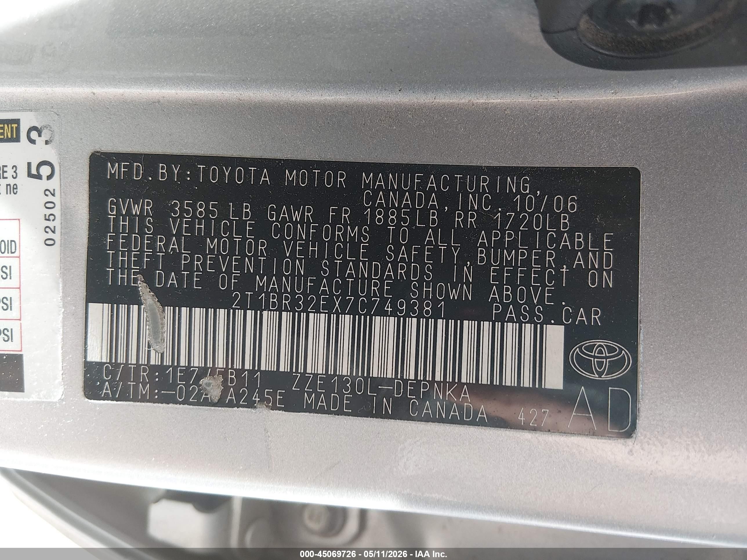 2007 Toyota Corolla Le Silver vin: 2T1BR32EX7C749381