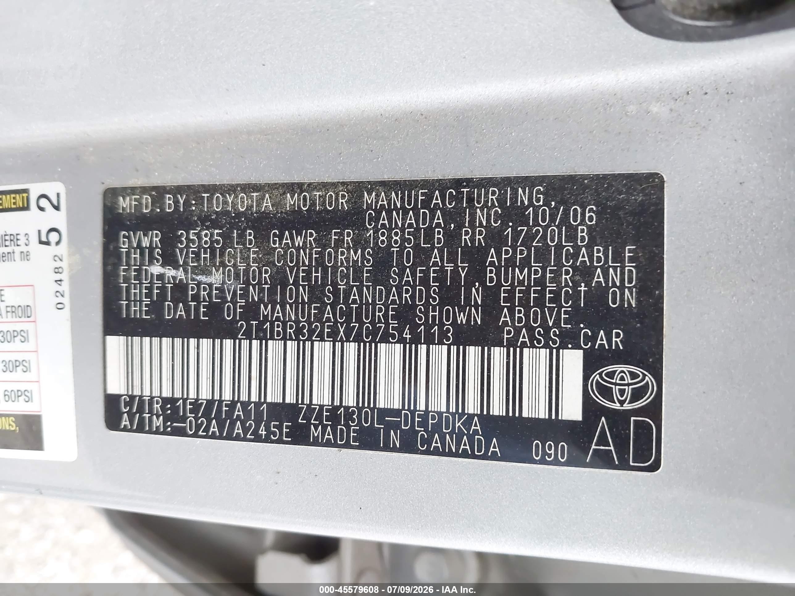 2007 Toyota Corolla Ce Silver vin: 2T1BR32EX7C754113