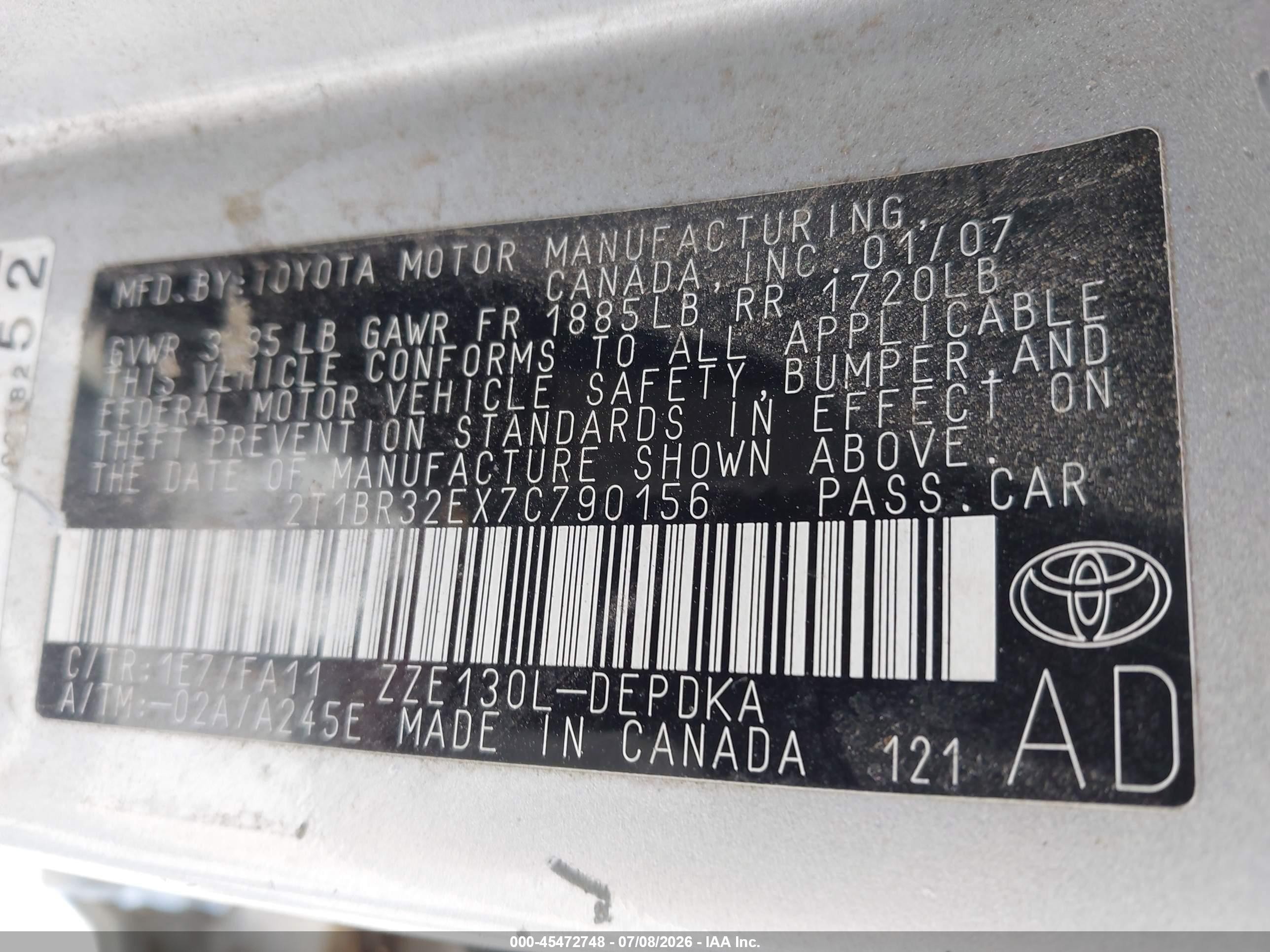 2007 Toyota Corolla Ce Silver vin: 2T1BR32EX7C790156