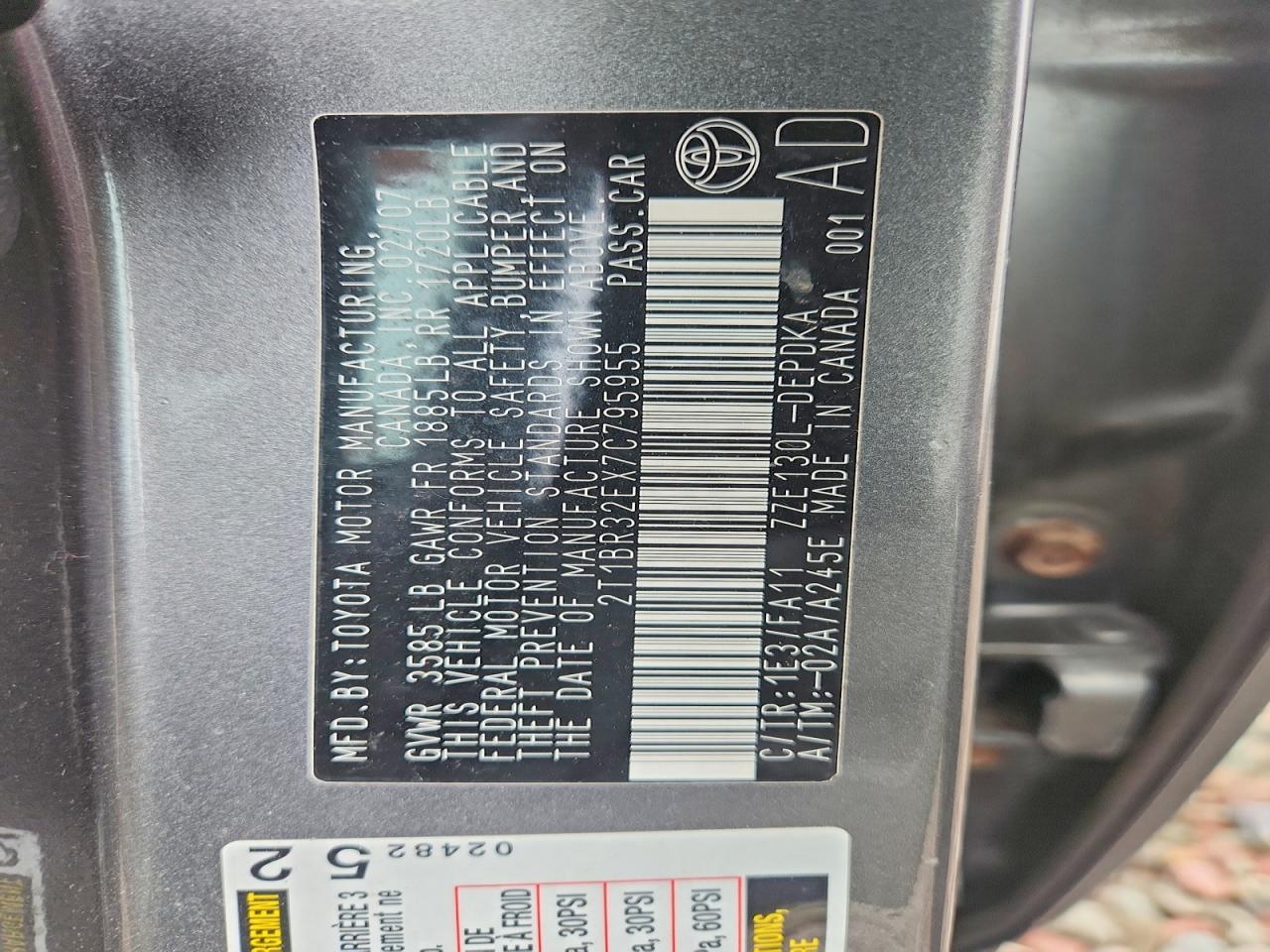 2007 Toyota Corolla Ce Gray vin: 2T1BR32EX7C795955