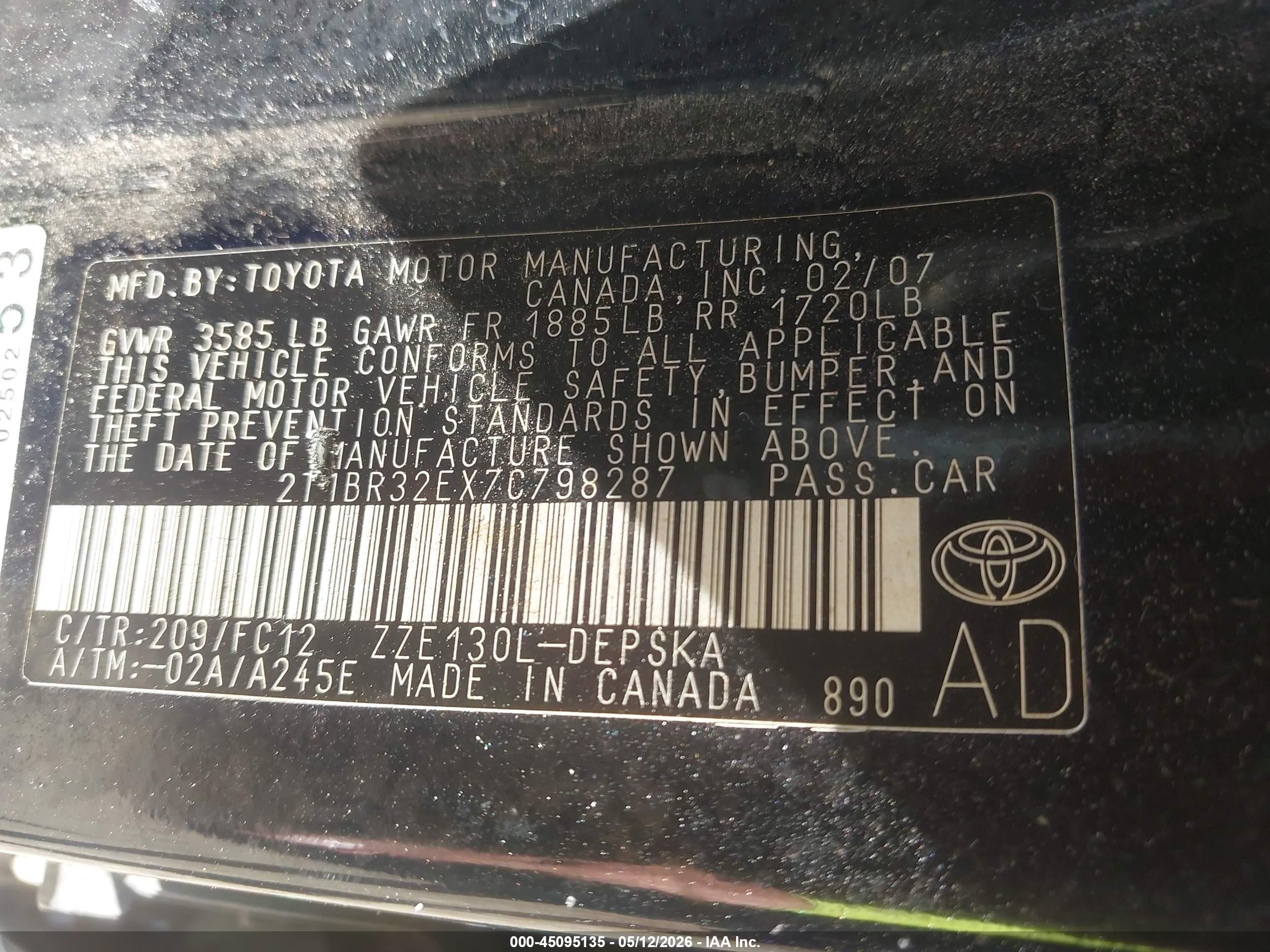 2007 Toyota Corolla S Black vin: 2T1BR32EX7C798287