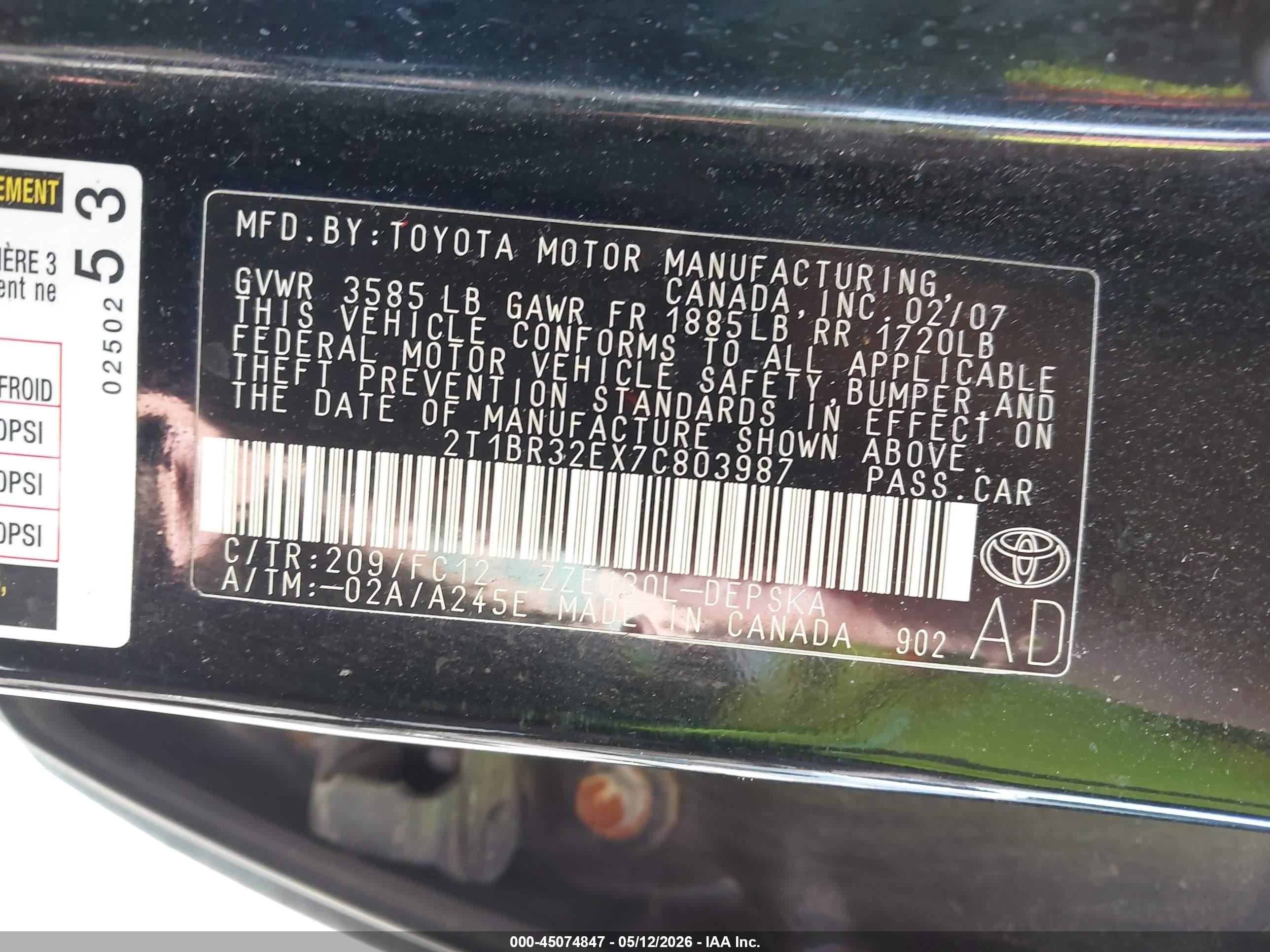 2007 Toyota Corolla S Black vin: 2T1BR32EX7C803987