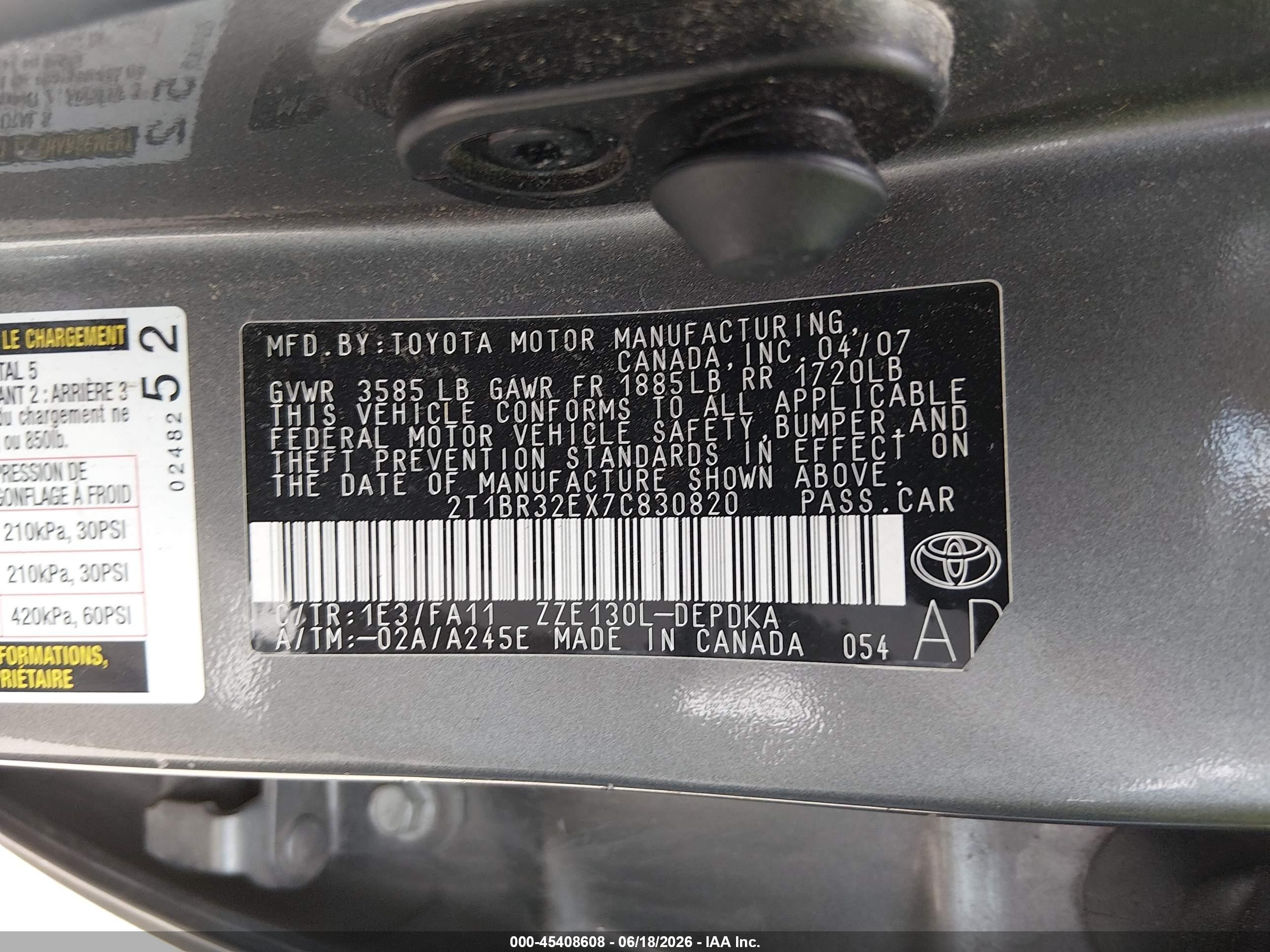2007 Toyota Corolla Ce Pewter vin: 2T1BR32EX7C830820