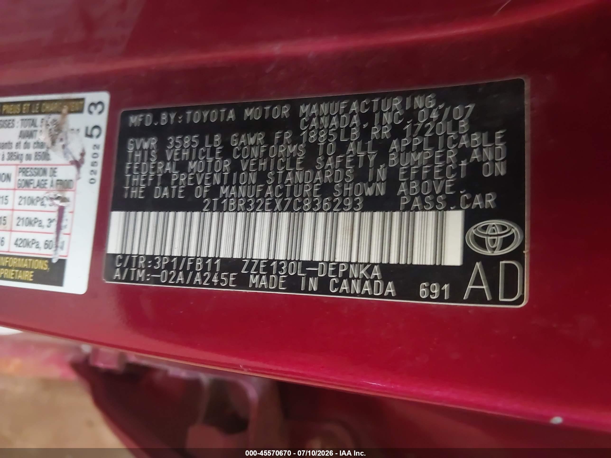 2007 Toyota Corolla Le Red vin: 2T1BR32EX7C836293