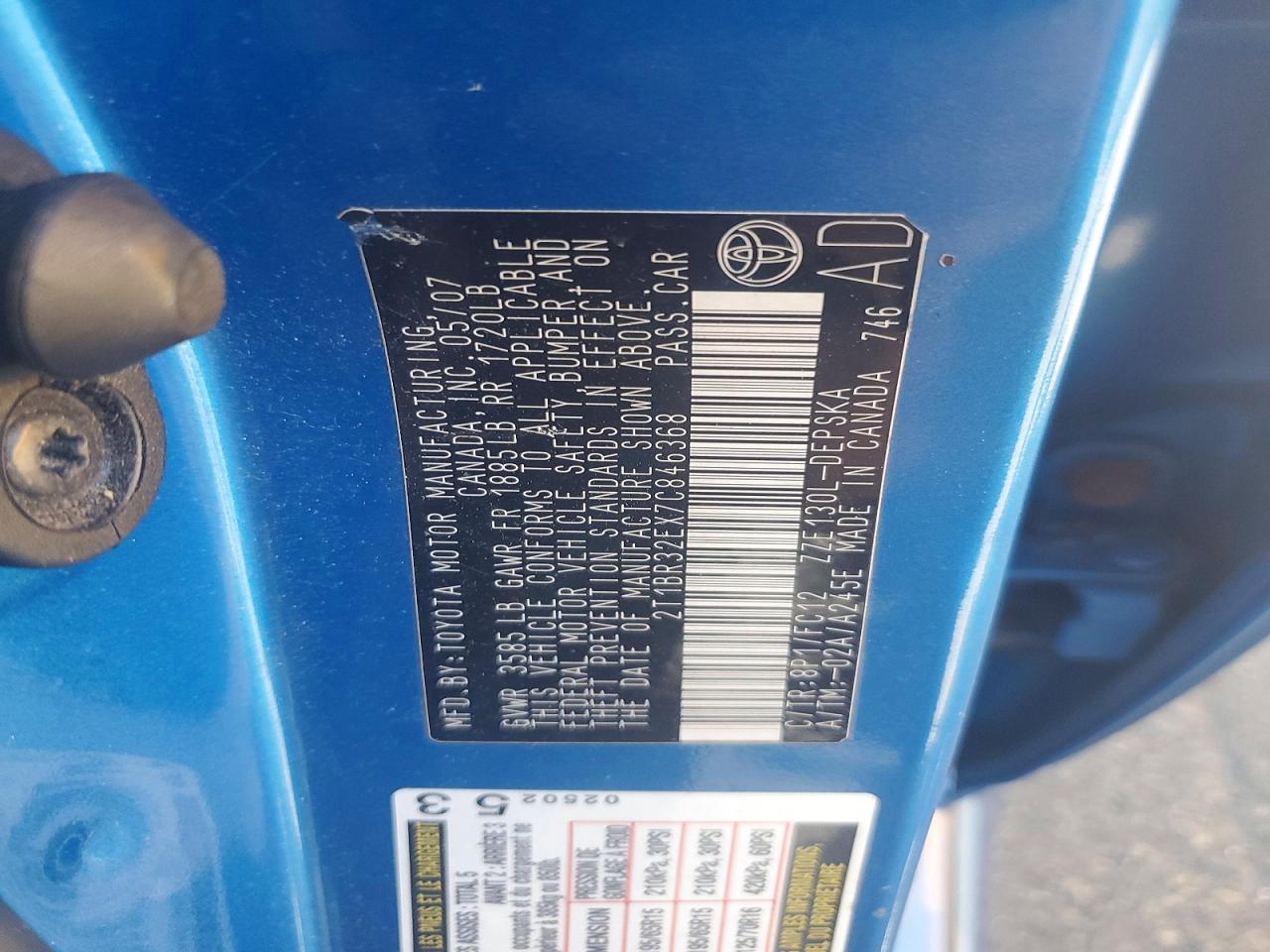 2007 Toyota Corolla S Blue vin: 2T1BR32EX7C846368