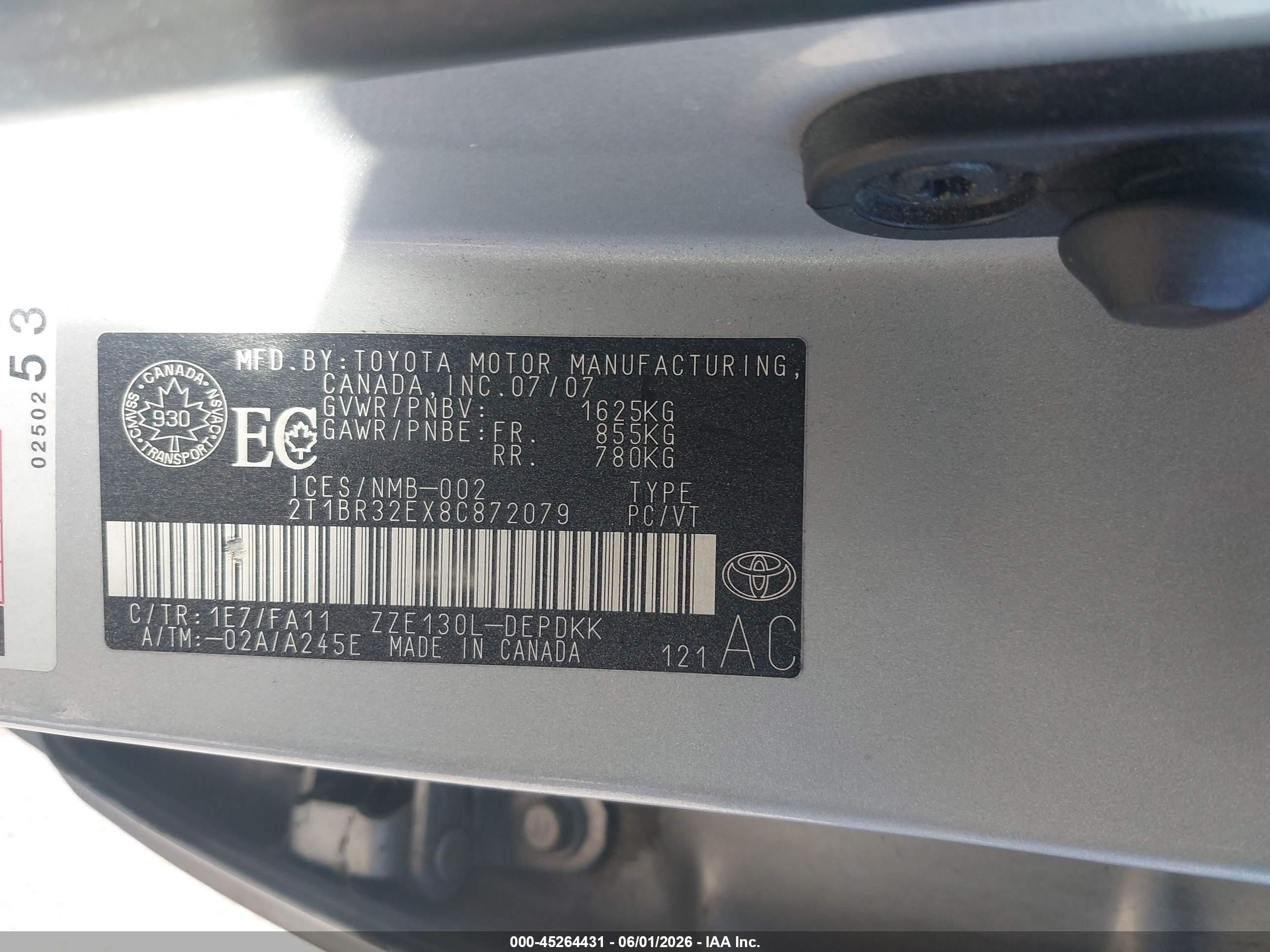 2008 Toyota Corolla Ce Silver vin: 2T1BR32EX8C872079