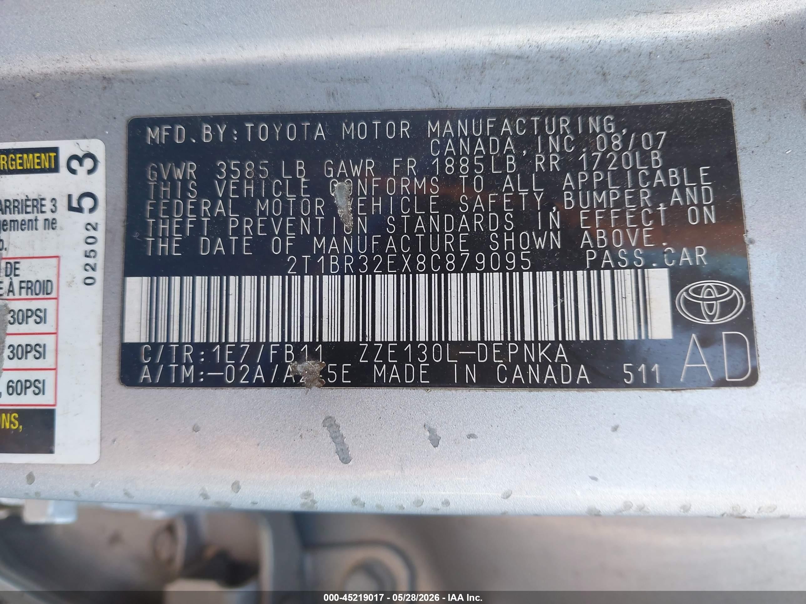 2008 Toyota Corolla Le Silver vin: 2T1BR32EX8C879095
