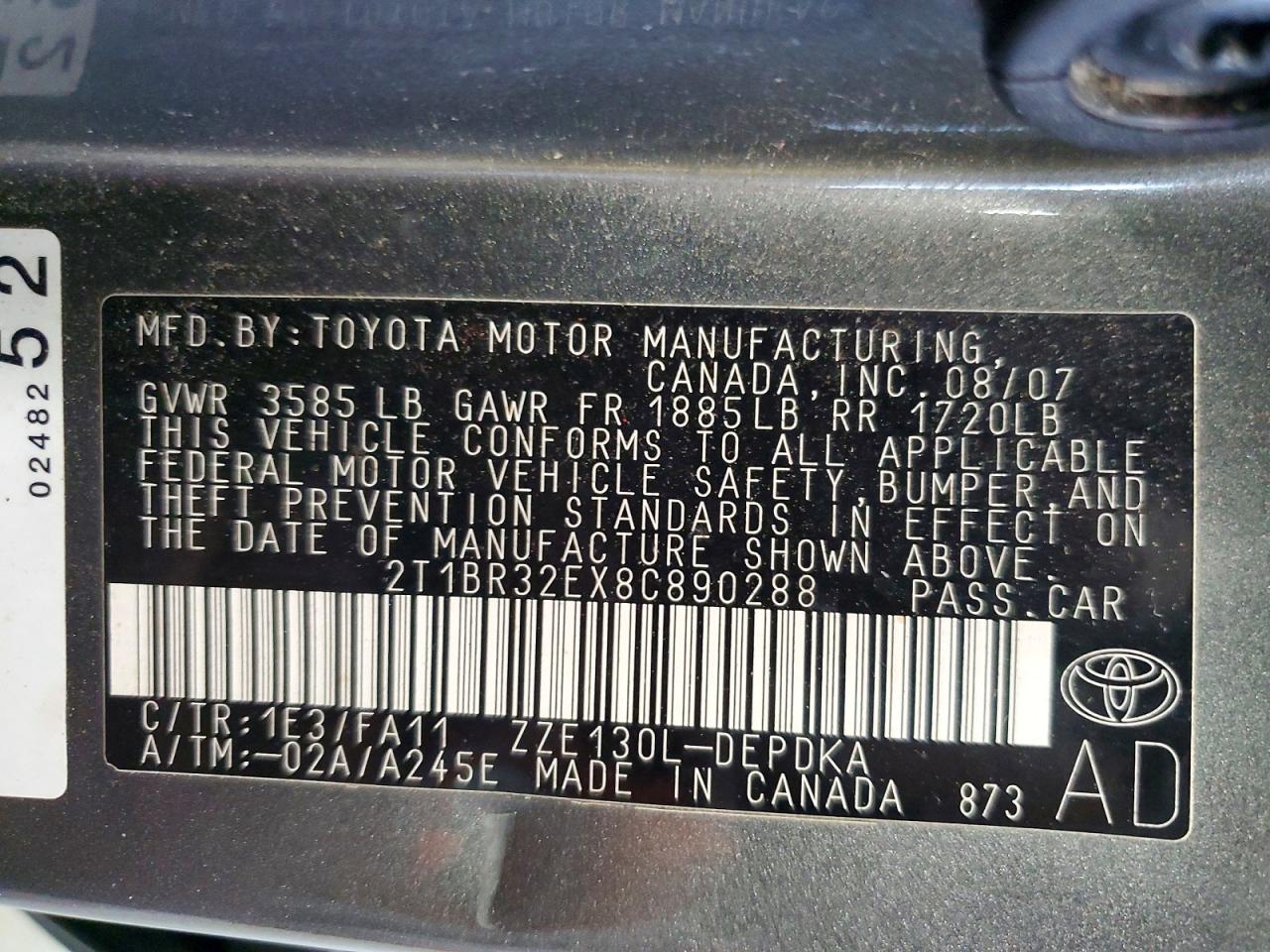 2008 Toyota Corolla Ce Gray vin: 2T1BR32EX8C890288