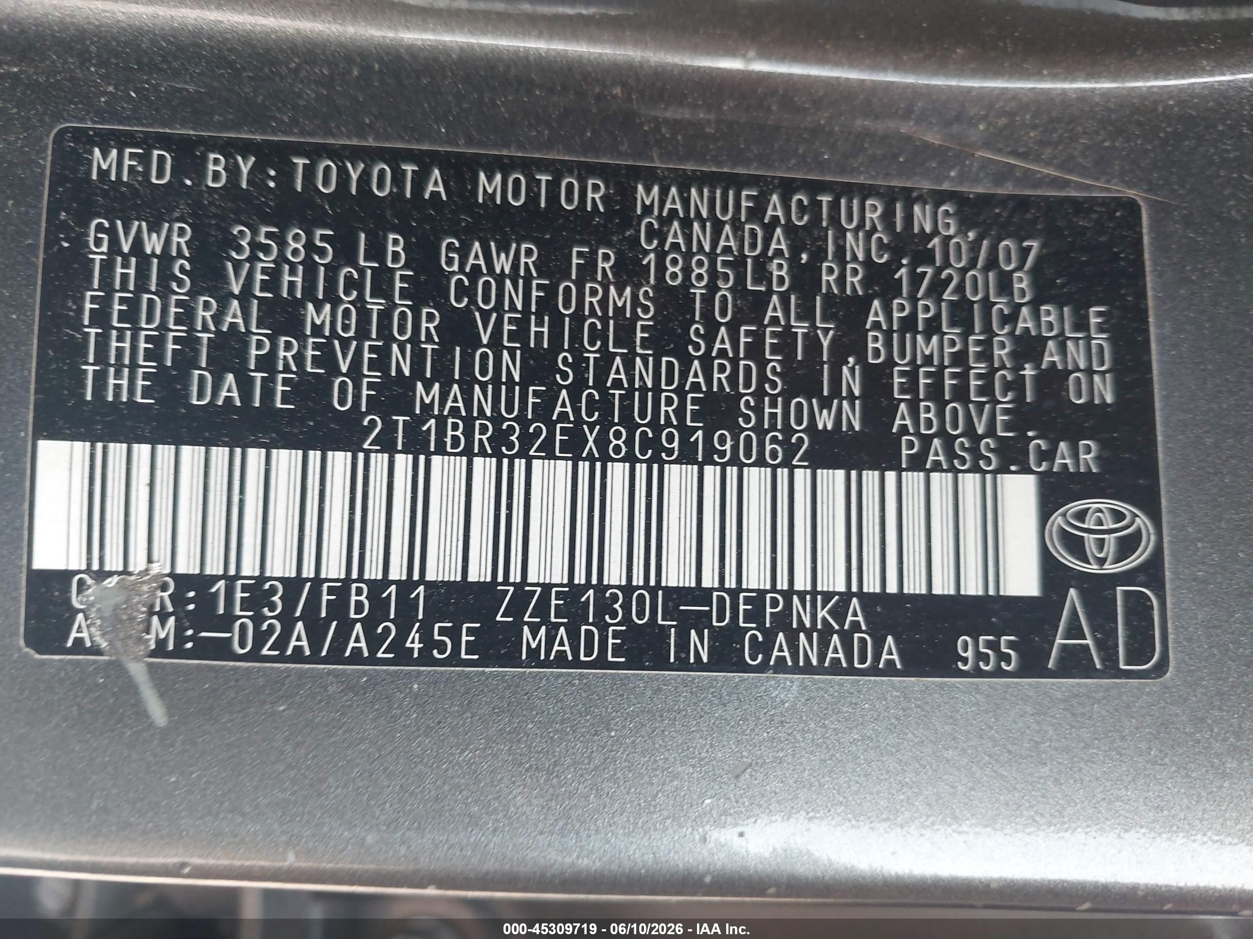 2008 Toyota Corolla Le Gray vin: 2T1BR32EX8C919062