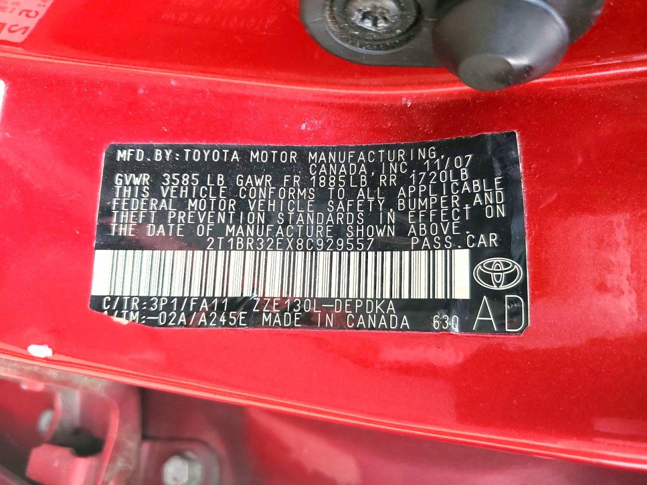 2008 Toyota Corolla Red vin: 2T1BR32EX8C929557