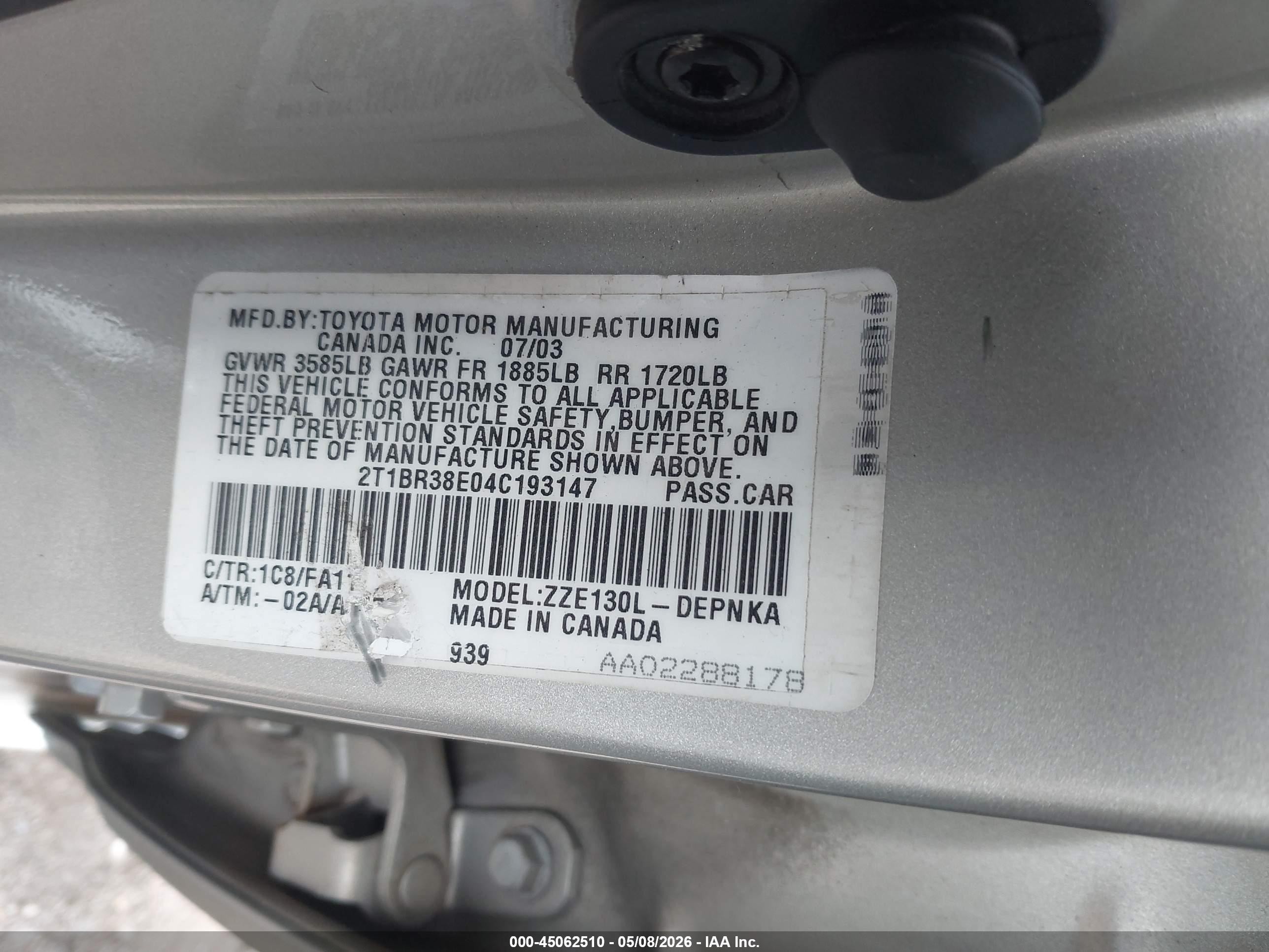 2004 Toyota Corolla Le Silver vin: 2T1BR38E04C193147