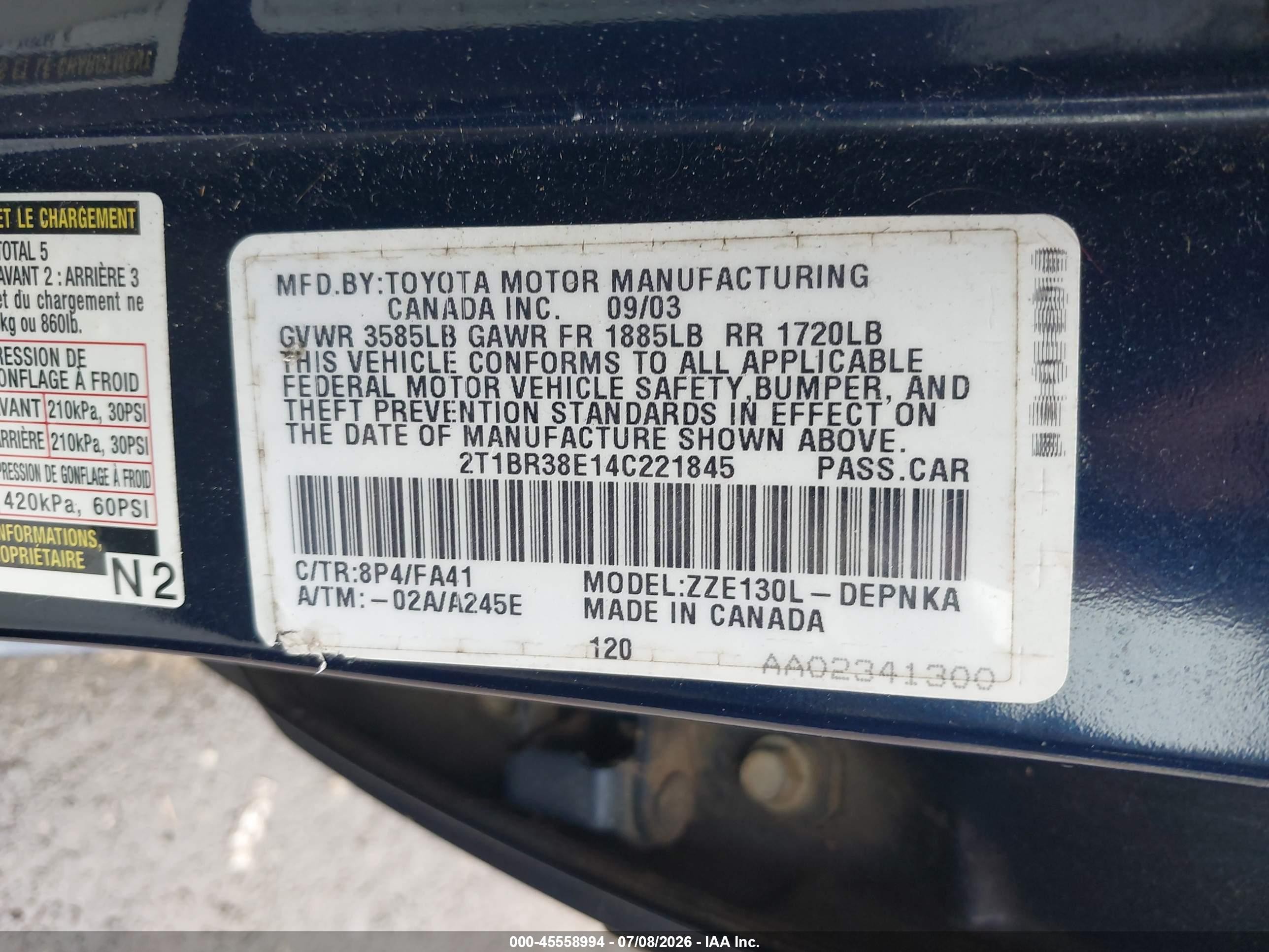 2004 Toyota Corolla Le Blue vin: 2T1BR38E14C221845