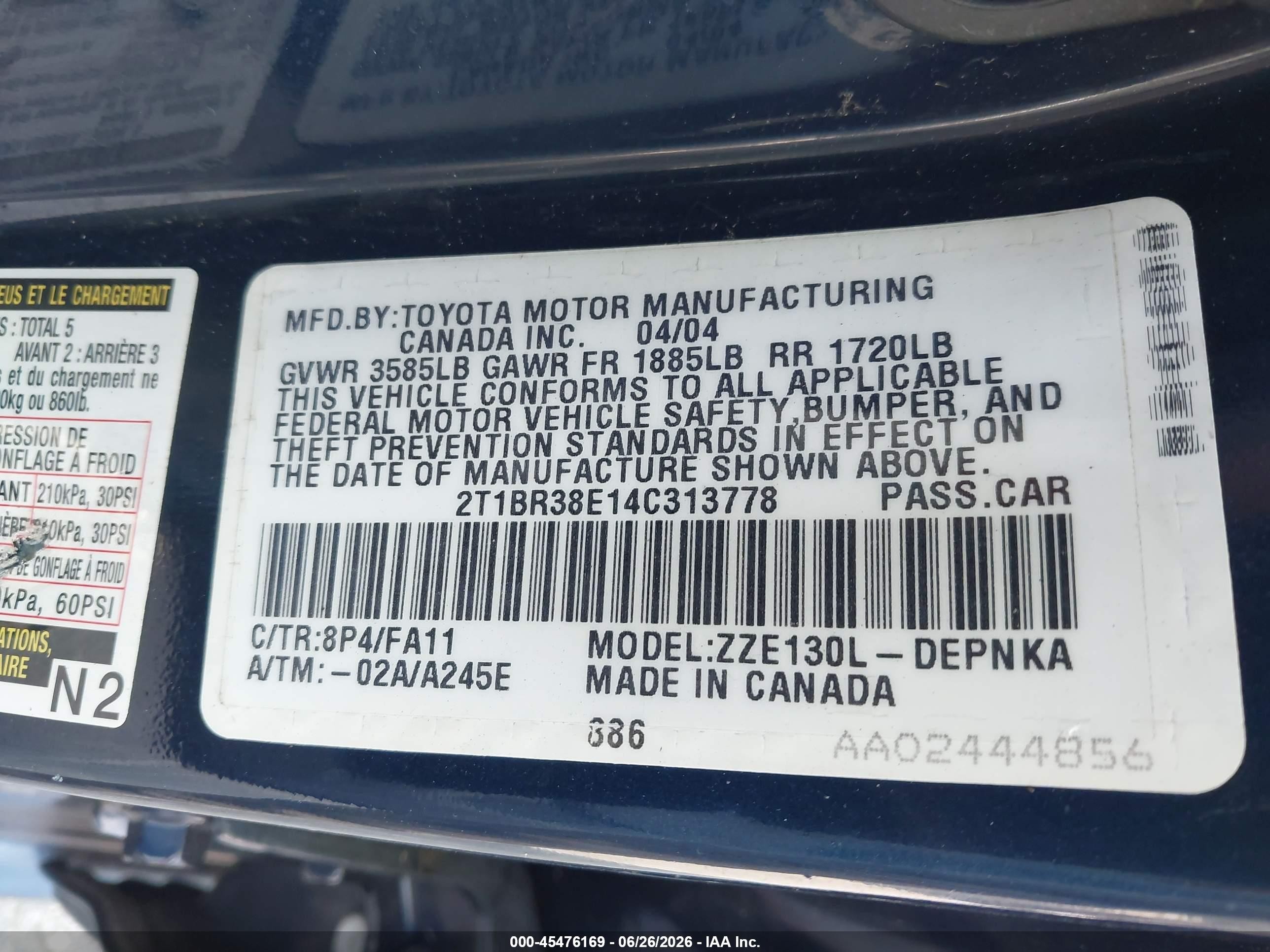 2004 Toyota Corolla Le Синий vin: 2T1BR38E14C313778