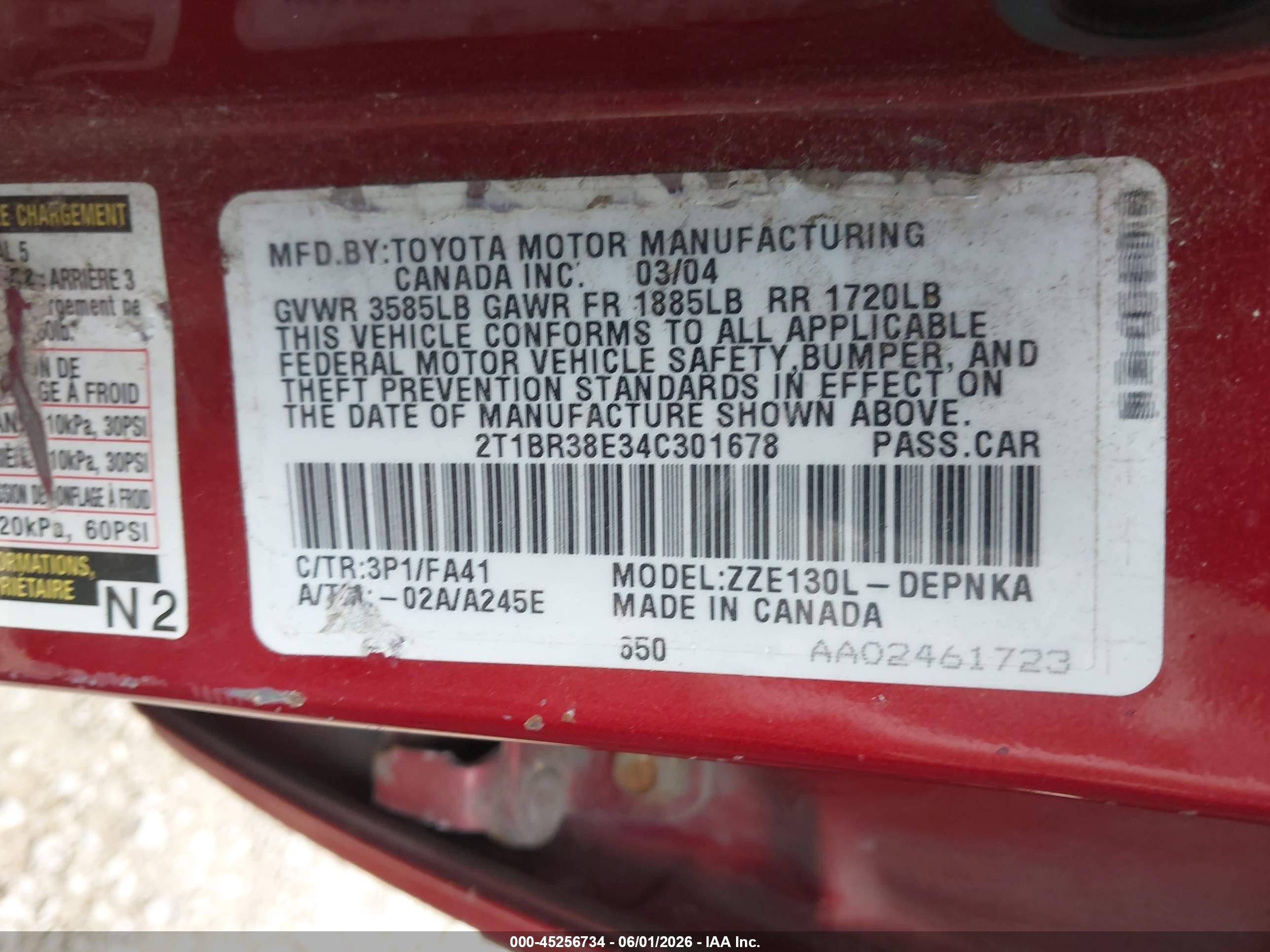 2004 Toyota Corolla Le Red vin: 2T1BR38E34C301678