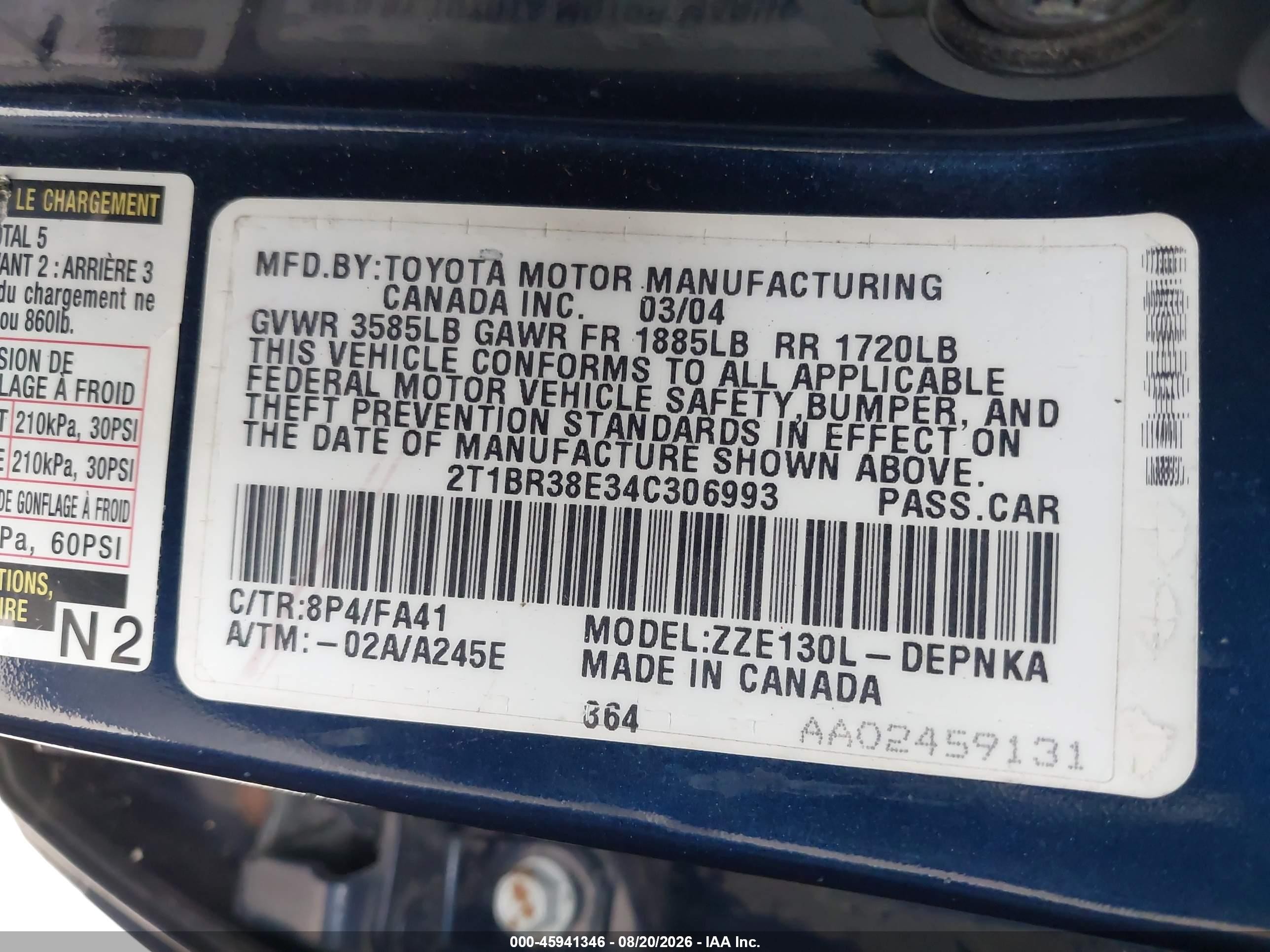 2004 Toyota Corolla Le Blue vin: 2T1BR38E34C306993