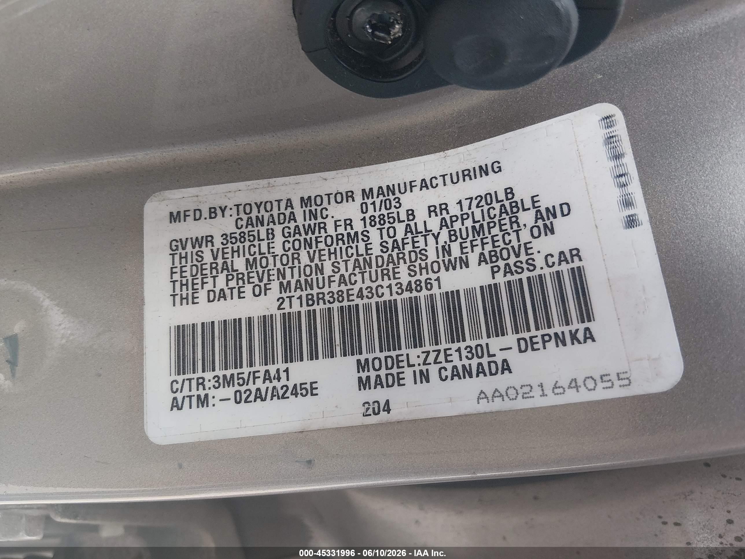 2003 Toyota Corolla Le Gold vin: 2T1BR38E43C134861