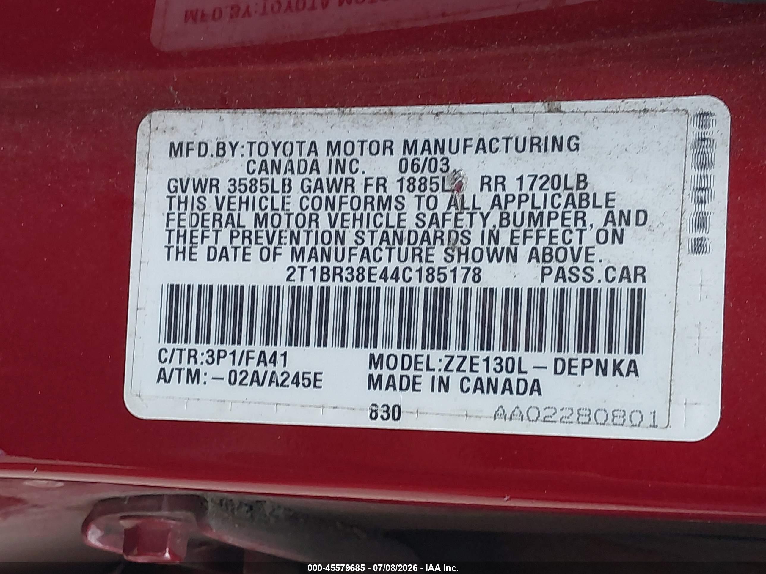 2004 Toyota Corolla Le Red vin: 2T1BR38E44C185178
