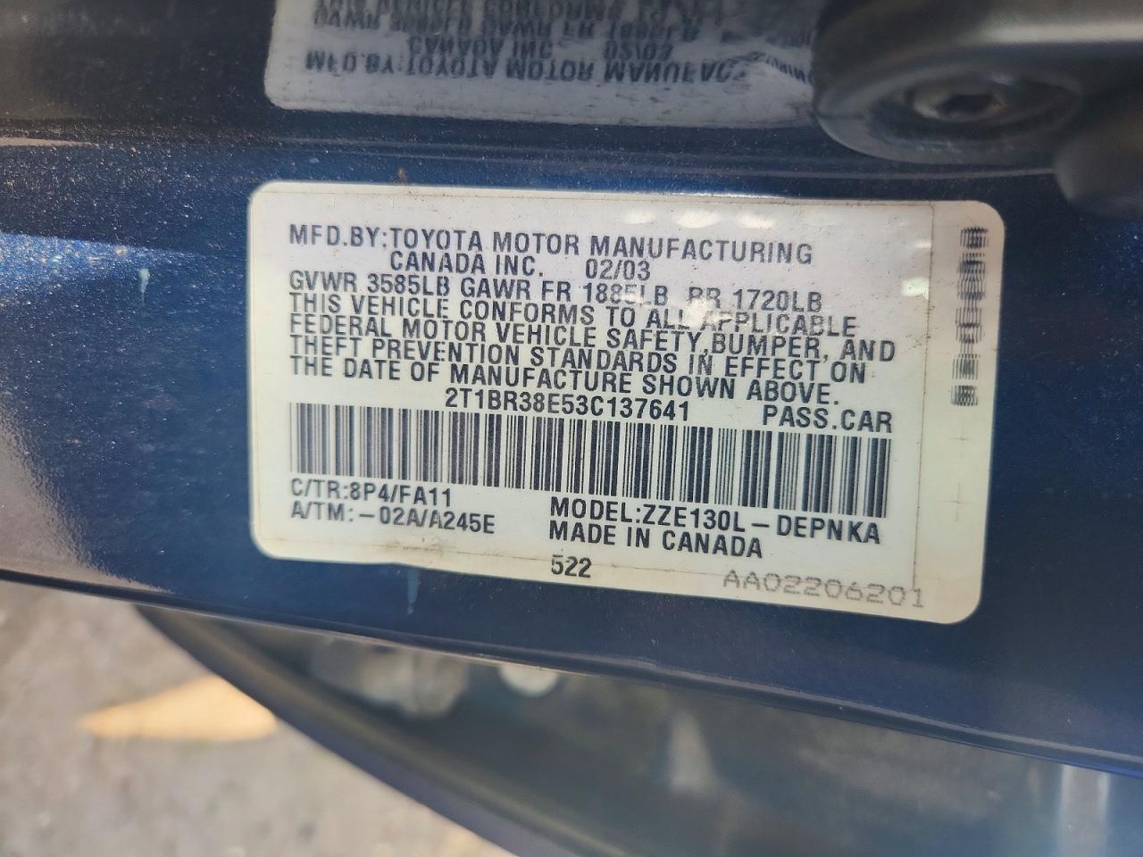 2003 Toyota Corolla Le Blue vin: 2T1BR38E53C137641