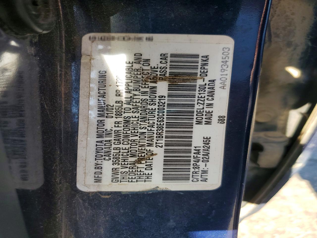 2003 Toyota Corolla Le Blue vin: 2T1BR38E63C003219